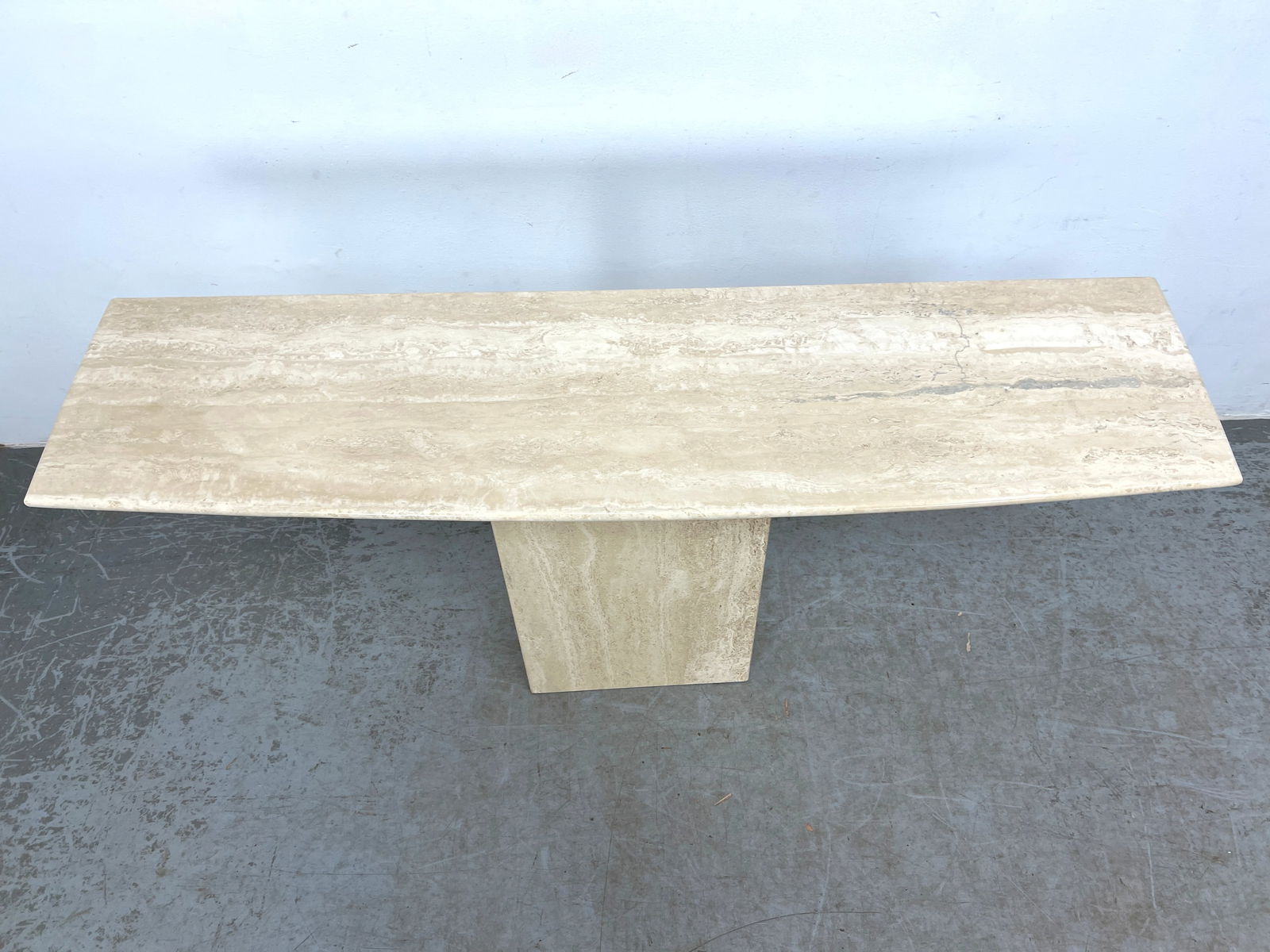 Marble console table. Travertine top on Rectangular Pedestal Base. - 2