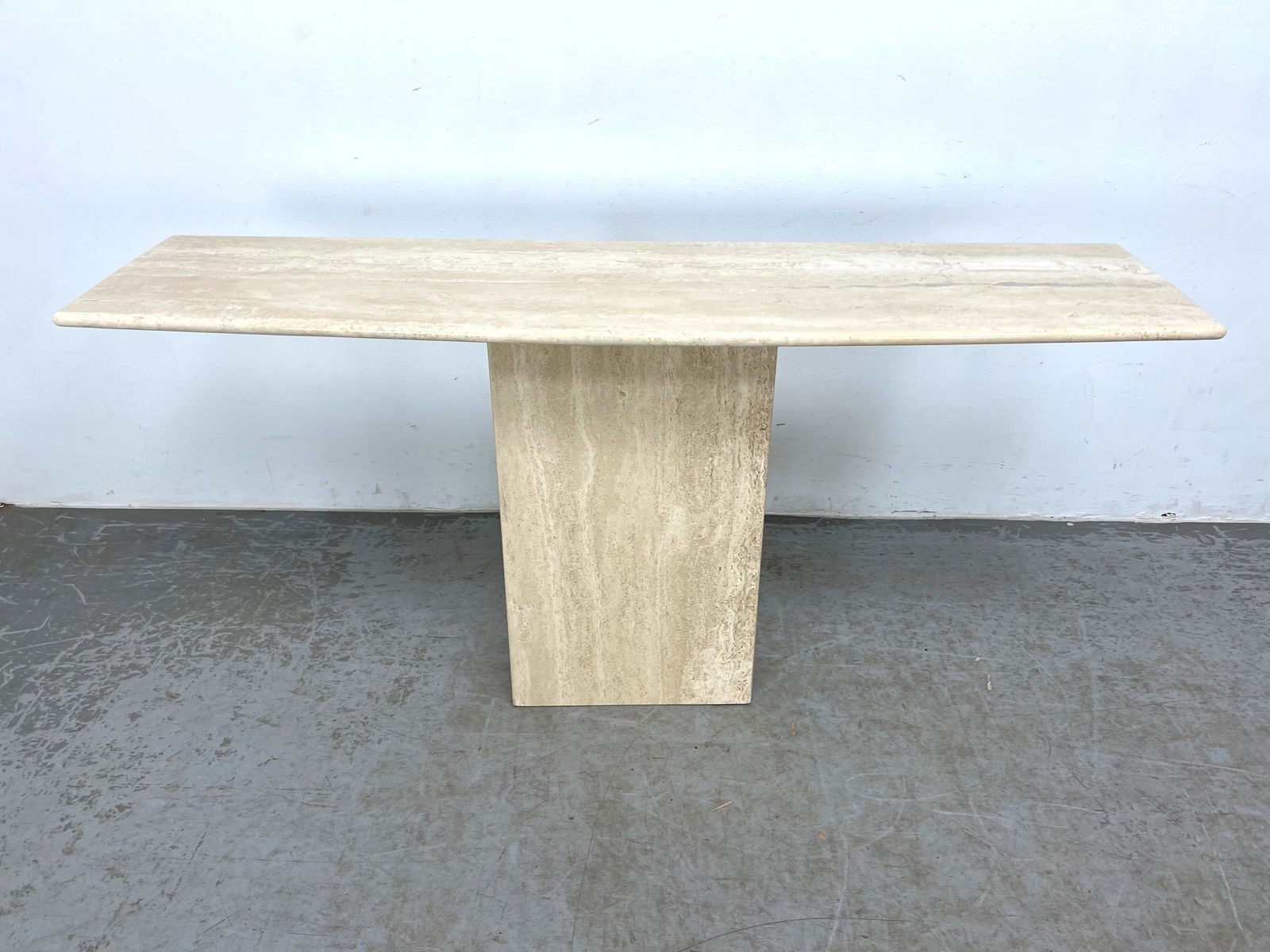 Marble console table. Travertine top on Rectangular Pedestal Base. - 3