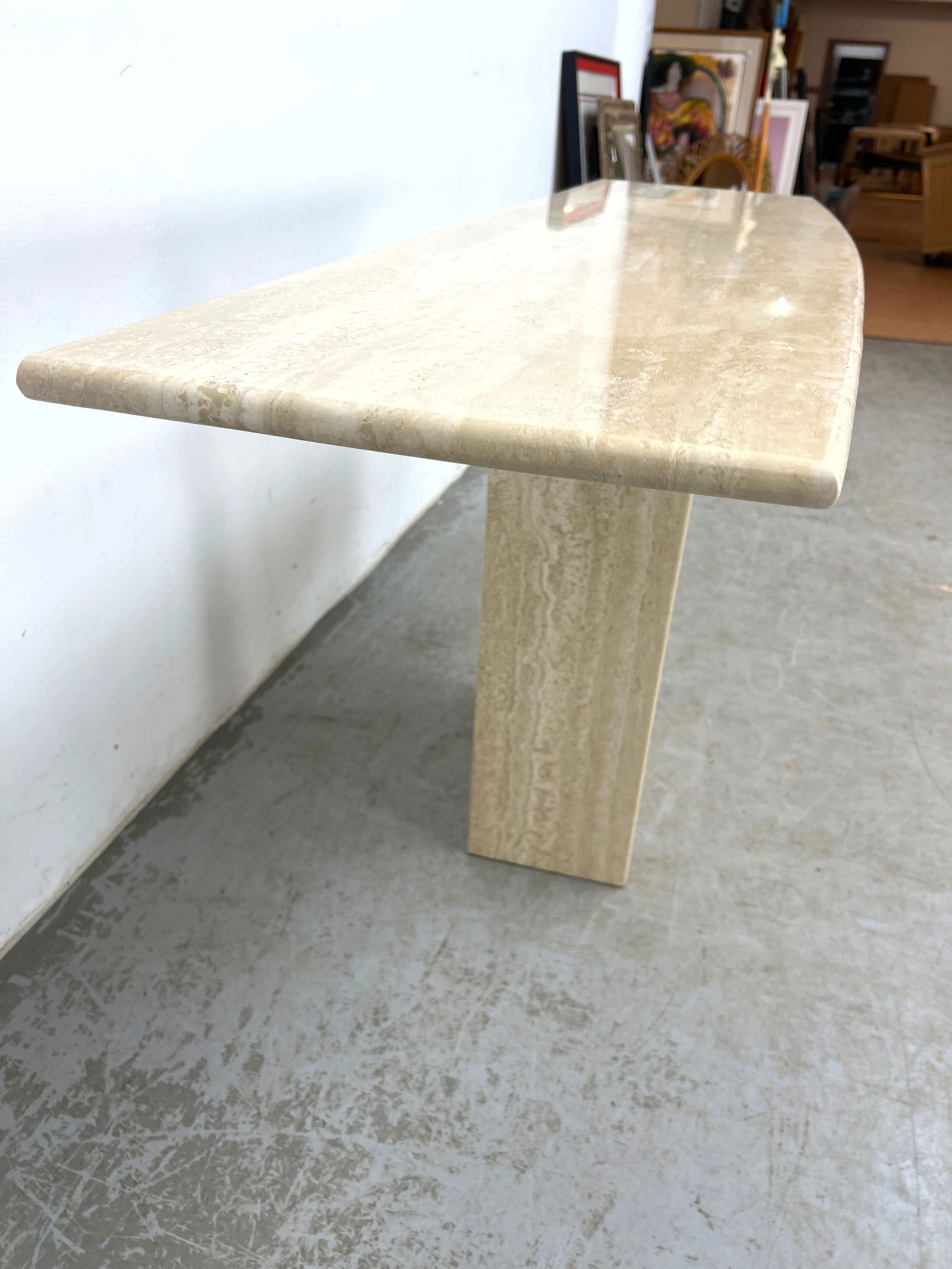 Marble console table. Travertine top on Rectangular Pedestal Base. - 4