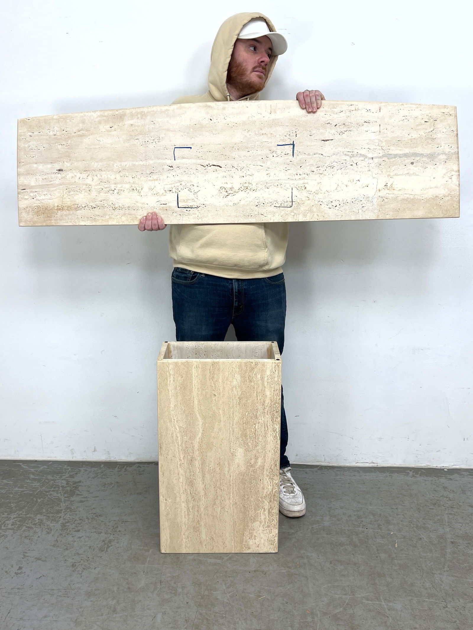 Marble console table. Travertine top on Rectangular Pedestal Base. - 8