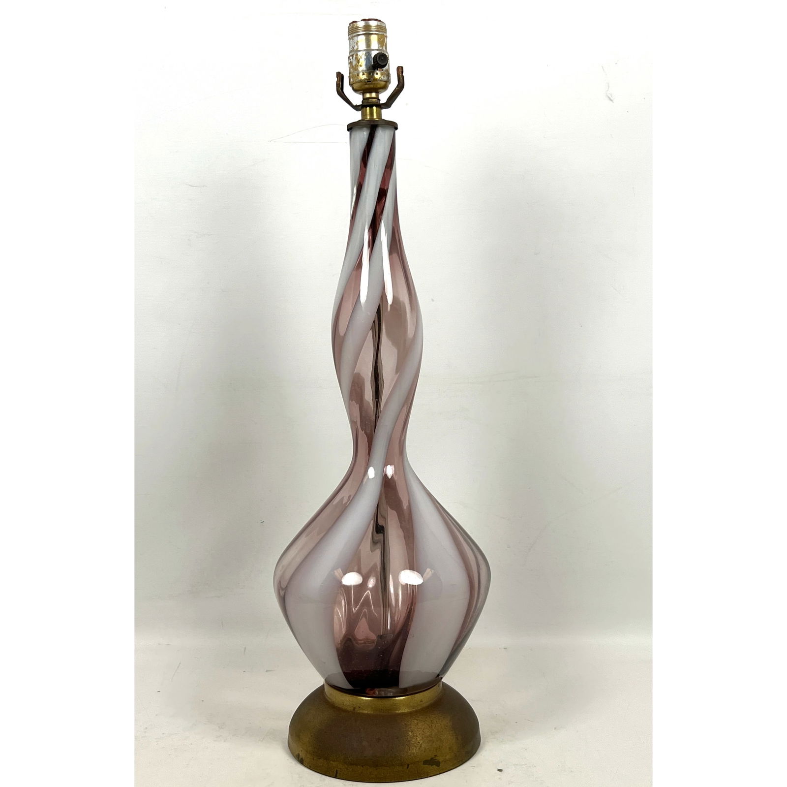 Murano Art Glass Table Lamp. Corseted form Glass with Amethyst and White Bands. Metal Base. (1 of 10)