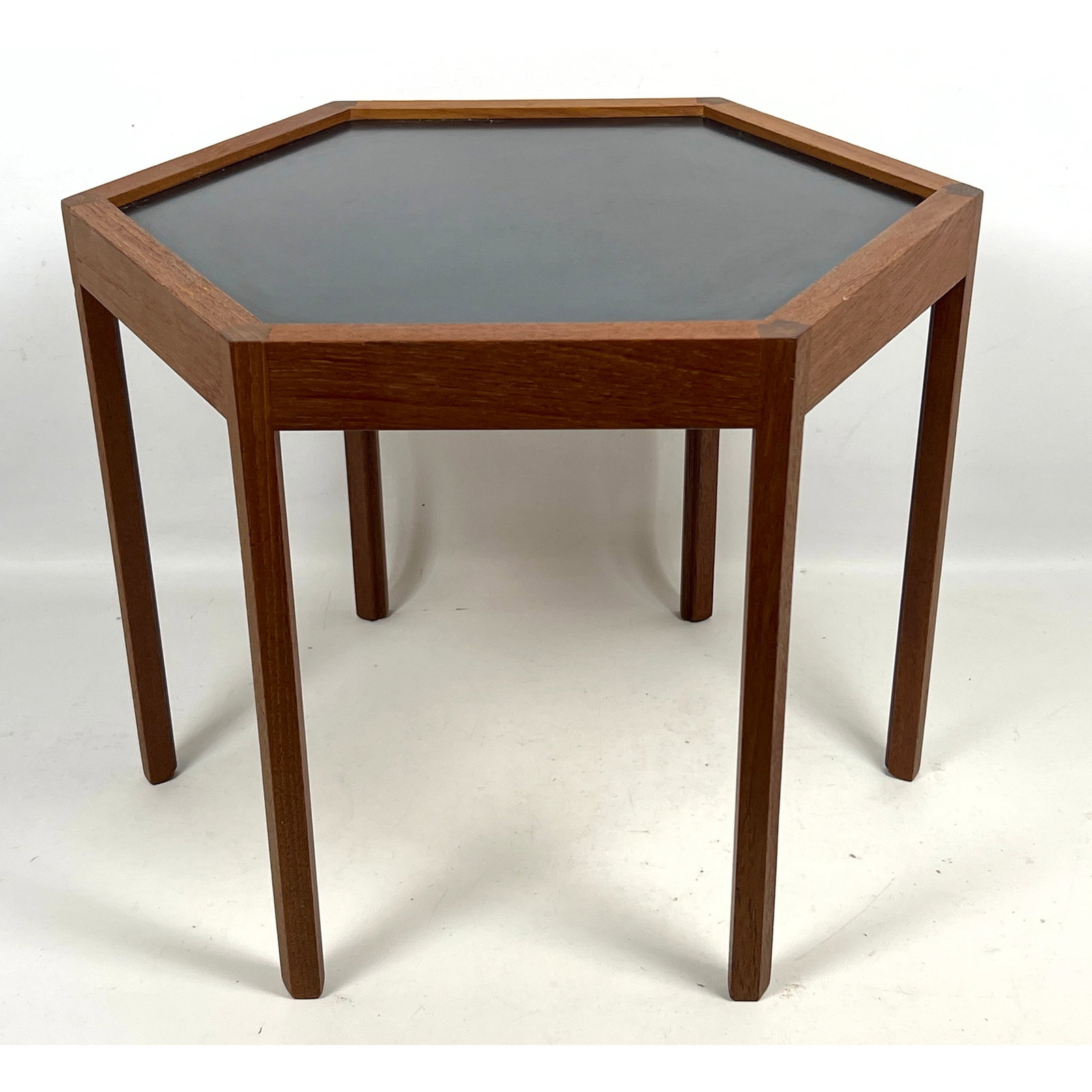 Danish Modern Mod Hans Andersen Hexagonal Teak and Black Laminate Side Table Denmark. Marked.: Danish Modern Mod Hans Andersen Hexagonal Teak and Black Laminate Side Table Denmark. Marked. Dimensions: Height: 14.5 inches, Width: 19.25 inches, Depth: 19.25 inches. ---
