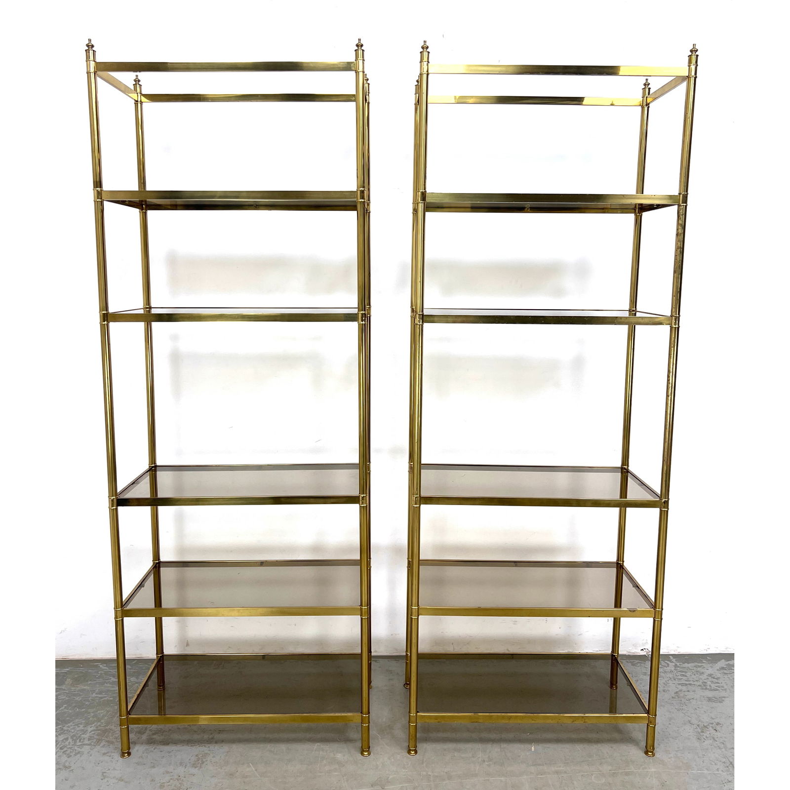 Pr Regency style Brass Tone Etagere Display Shelves. 83" Tall Shelf Units have Smoked Glass Shelves. (1 of 13)