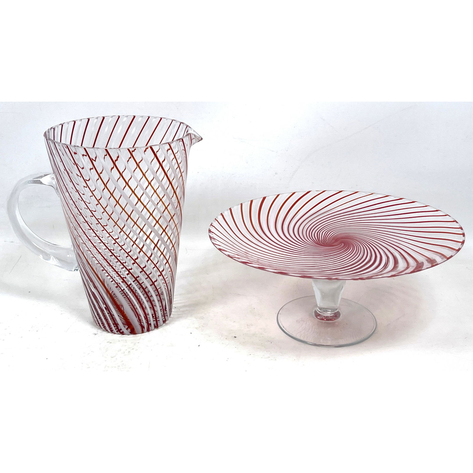 Italian glass swirl pitcher and cake stand. Peppermint stripe elements on clear glass vessels. Unmar (1 of 13)