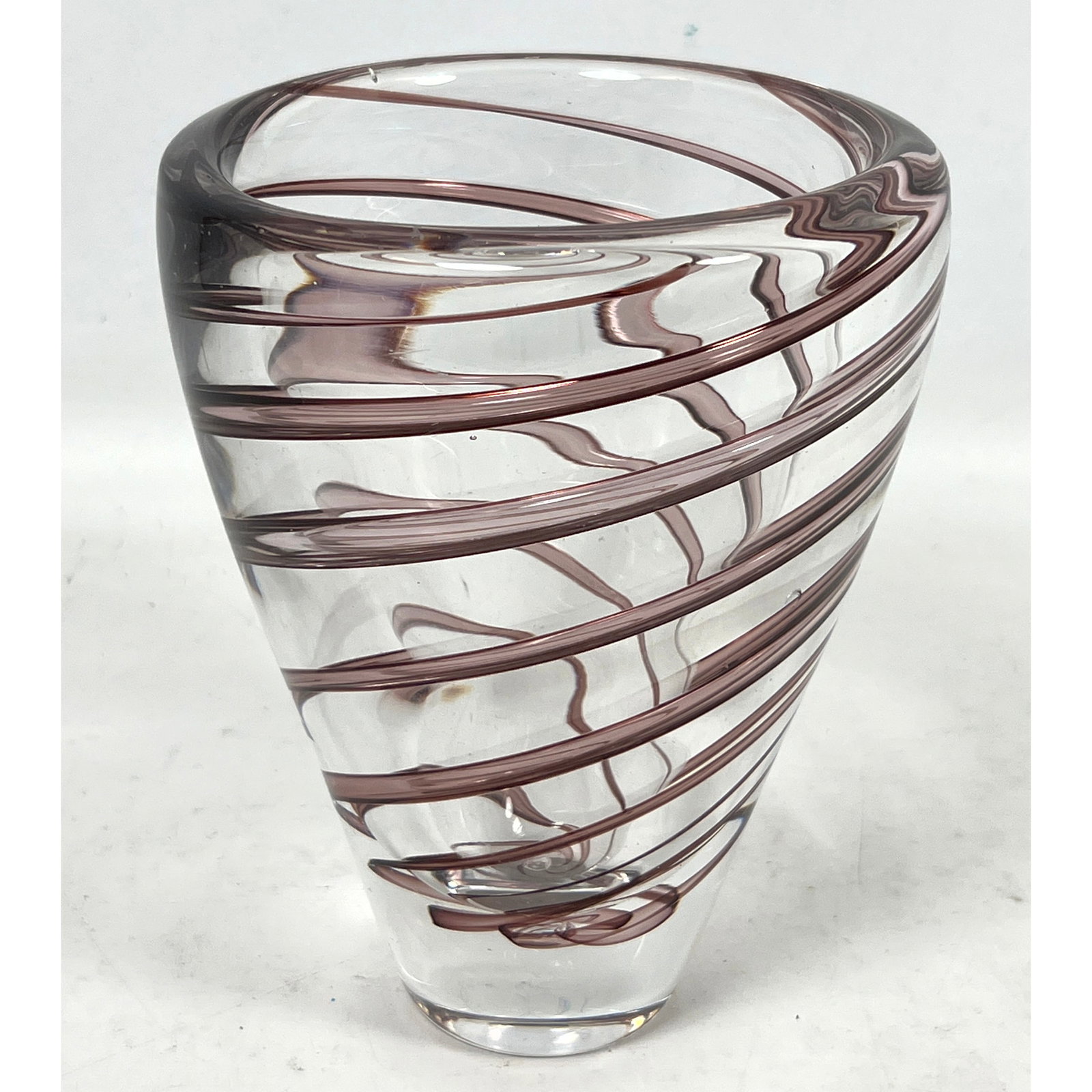 Studio Art Glass Conical Form Vase. Spiral Band Design. Not Marked.: Studio Art Glass Conical Form Vase. Spiral Band Design. Not Marked. Dimensions: Height: 7 inches, Width: 5.75 inches, Depth: 5.75 inches. ---