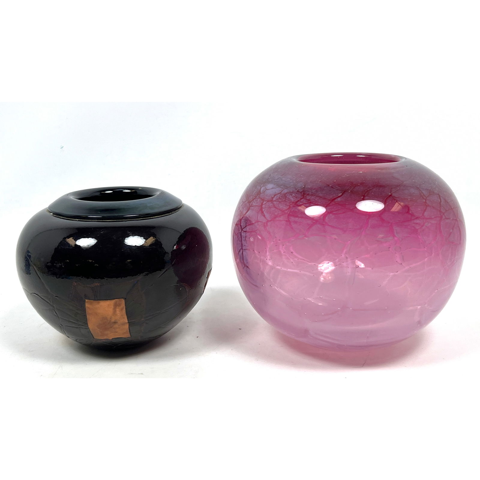 2pc Studio Art Glass Round Vases. Mottled pink form marked TKS or TCS 2004. 2). Dark Vase with coppe (1 of 15)