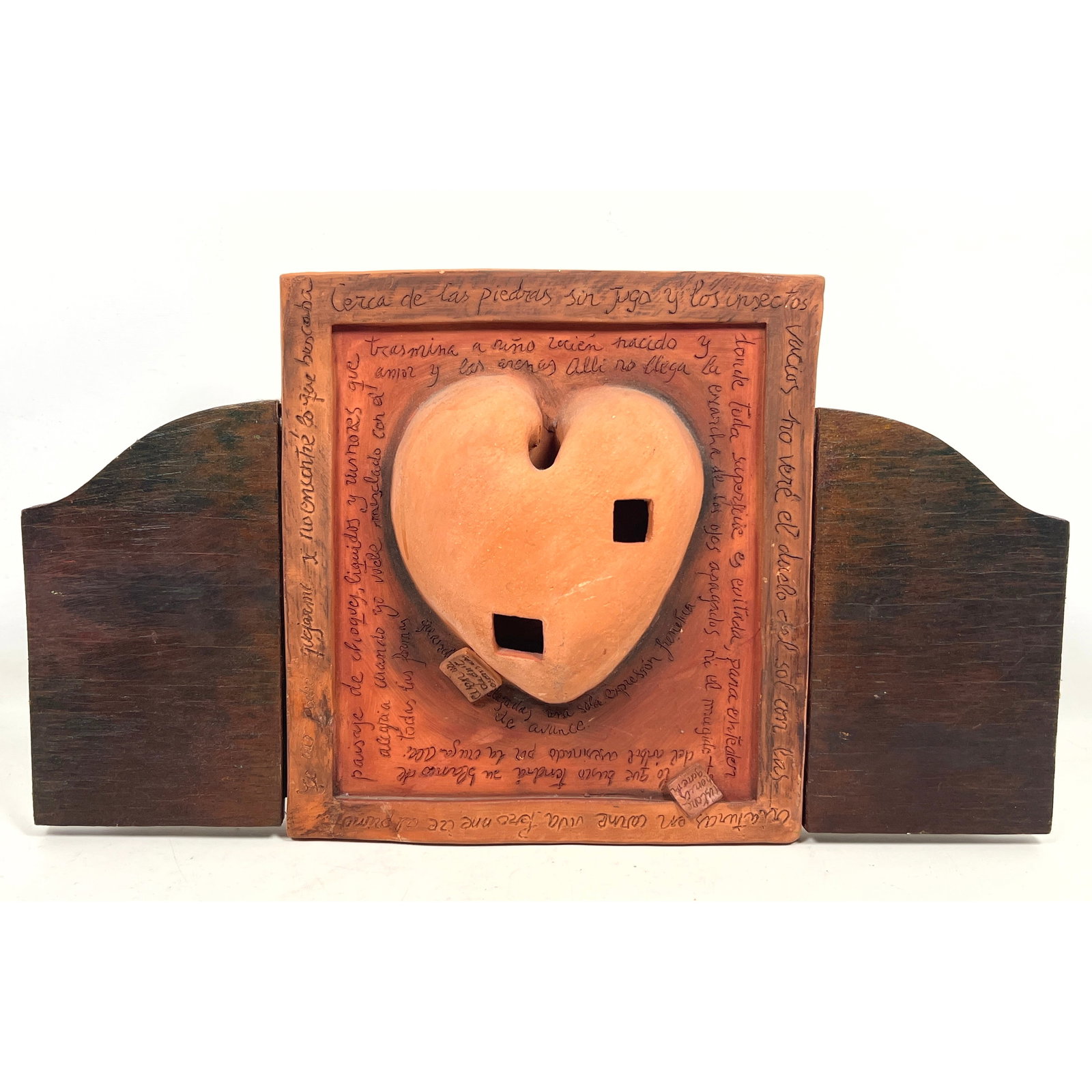 RAMON S ALCOLEA Mixed Media Terracotta Heart Wood Sculpture. "Language of Exile" II. Signed, Dated 1: RAMON S ALCOLEA Mixed Media Terracotta Heart Wood Sculpture. "Language of Exile" II. Signed, Dated 1990, 1991, Provincetown, Ma. The text carved around the terracotta appears to be lines from a poem b