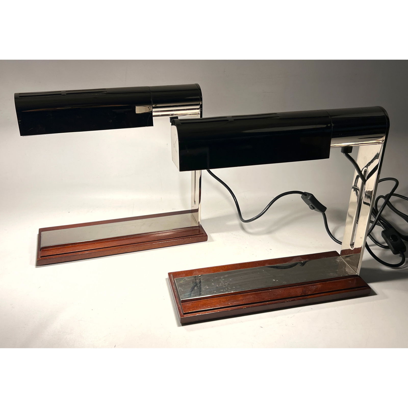 Pair Louis Baldinger architectural Lighting Desk Lamps. Chrome and Wood.: Pair Louis Baldinger architectural Lighting Desk Lamps. Chrome and Wood. Dimensions: Height: 12.5 inches, Width: 5 inches, Depth: 13.5 inches. ---