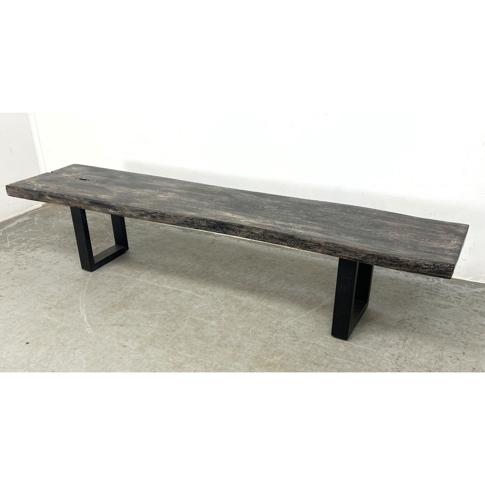 Long Plank Top Cherused Wood Bench Coffee Table. Ebonized base. Inlaid butterfly design. Top 2.25 in (1 of 7)