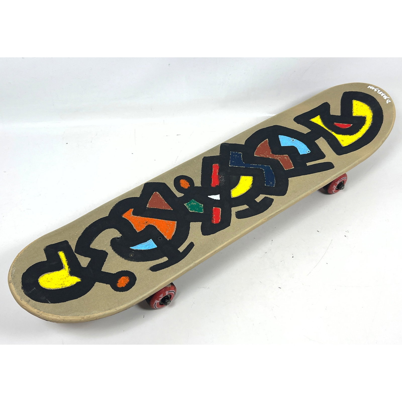 Dennis Sakelson Hand Painted Kryptonics Skateboard. Modernist design.: Dennis Sakelson Hand Painted Kryptonics Skateboard. Modernist design. Dimensions: Height: 4.75 inches, Width: 31 inches, Depth: 7.5 inches. ---