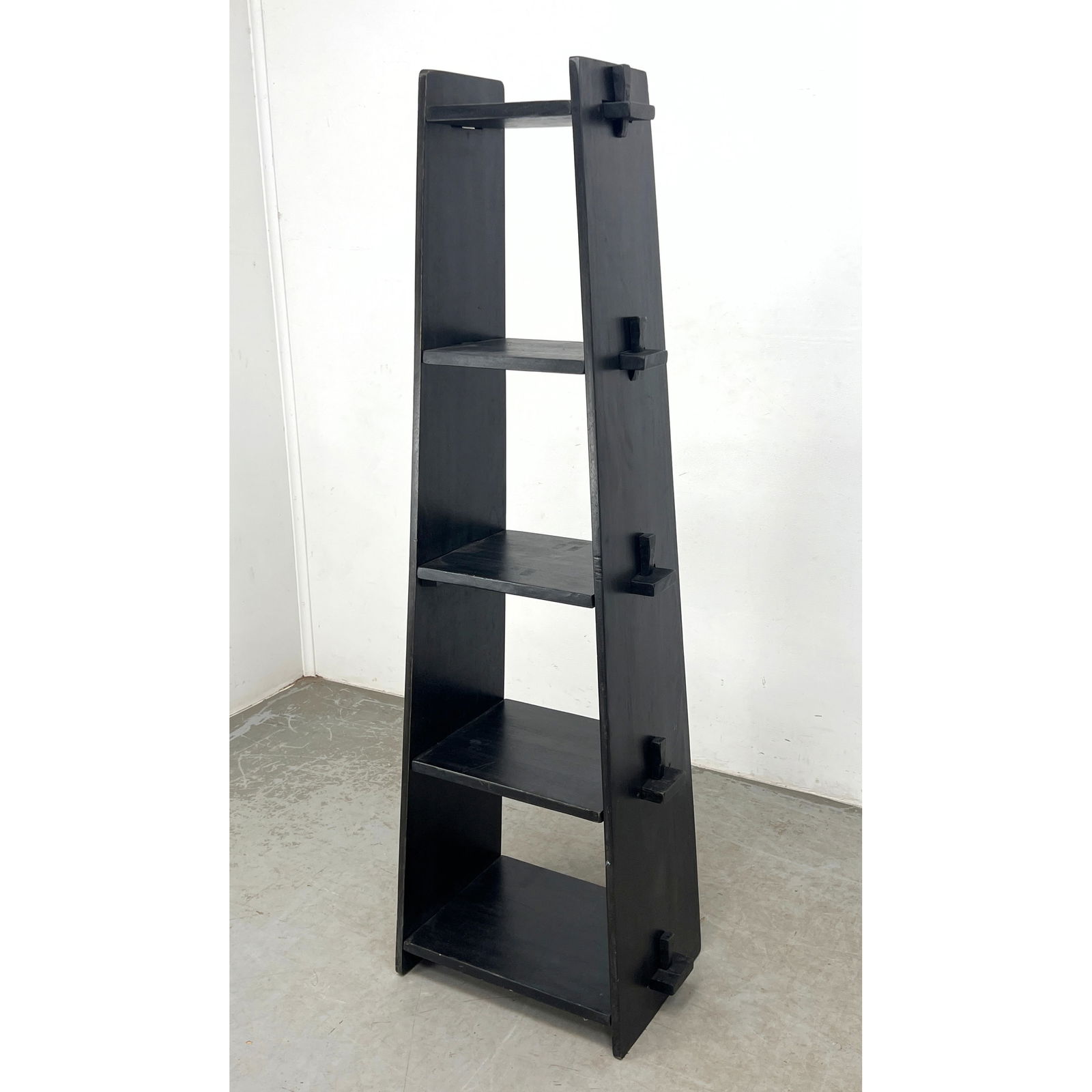 Tall Mission Style Trapezoidal Etagere Shelf. Arts and Crafts.: Tall Mission Style Trapezoidal Etagere Shelf. Arts and Crafts. Dimensions: Height: 69 inches, Width: 24 inches, Depth: 14.75 inches. ---