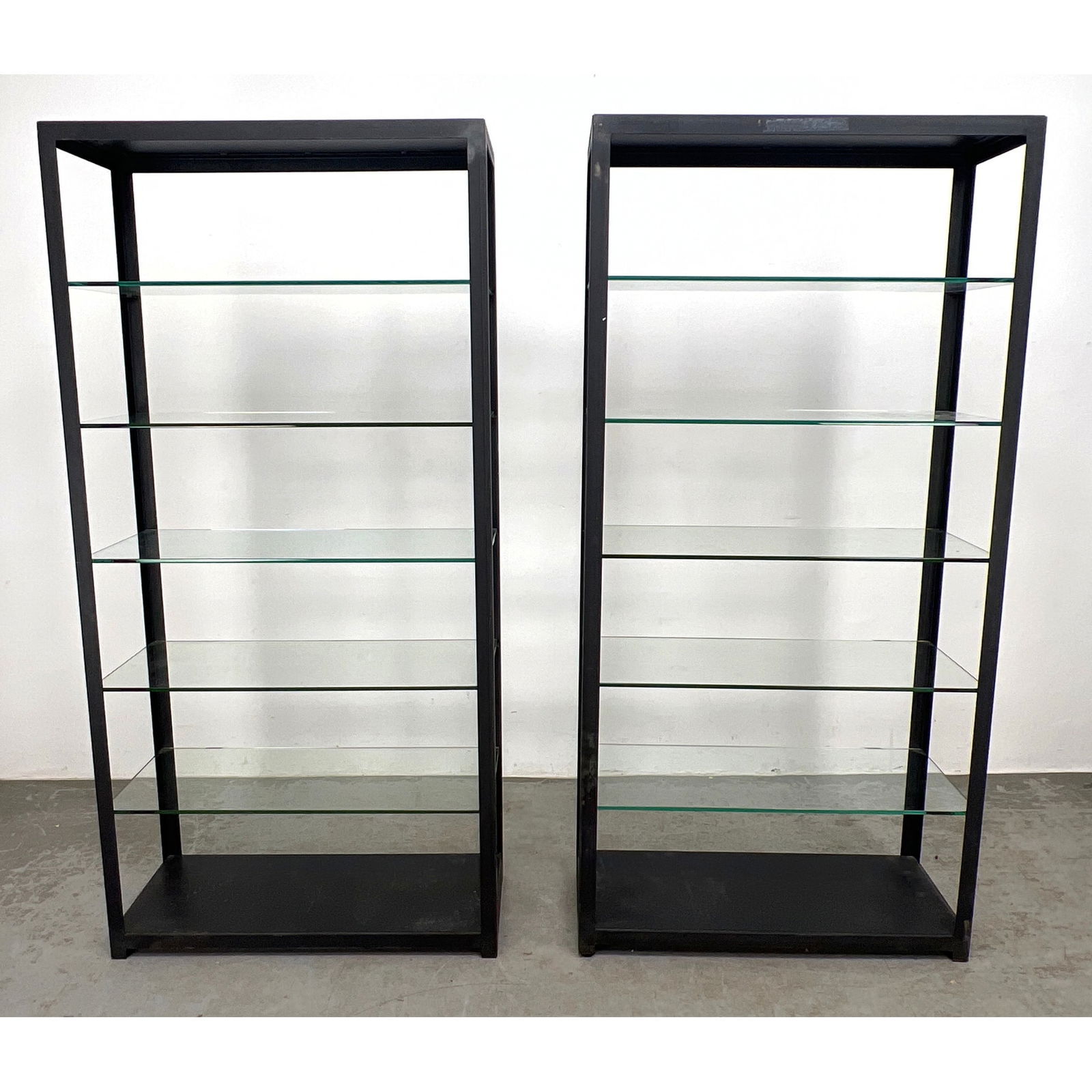 Pair Steel Frame Heavy Etagere with 1/4' thick glass shelves. Solid construction. (1 of 12)