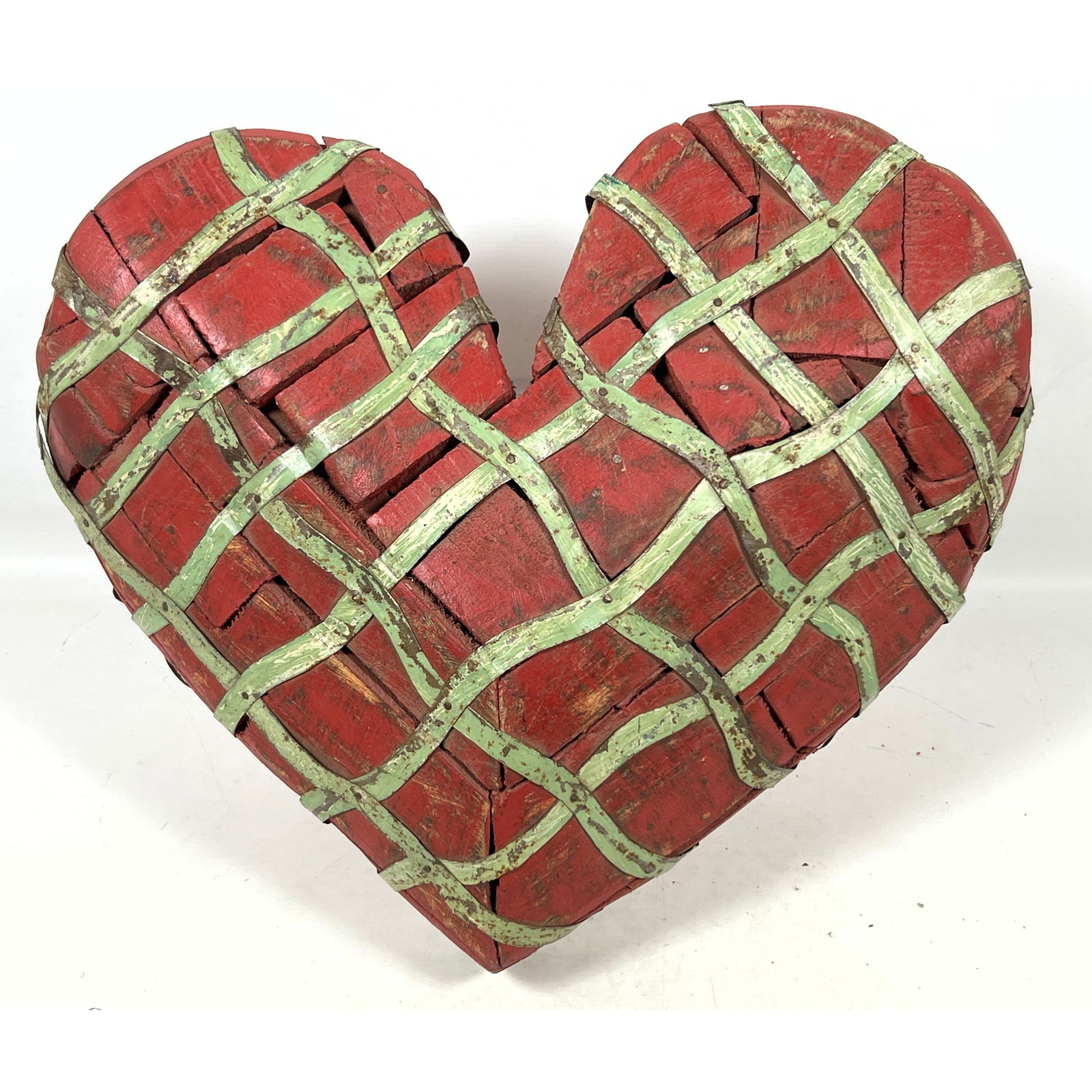 Kathryn Arnett Wood and Metal Heart Sculpture. Love Layered Acceptance. Thick pieced wood.: Kathryn Arnett Wood and Metal Heart Sculpture. Love Layered Acceptance. Thick pieced wood. Dimensions: Height: 12 inches, Width: 15 inches, Depth: 4.5 inches. ---