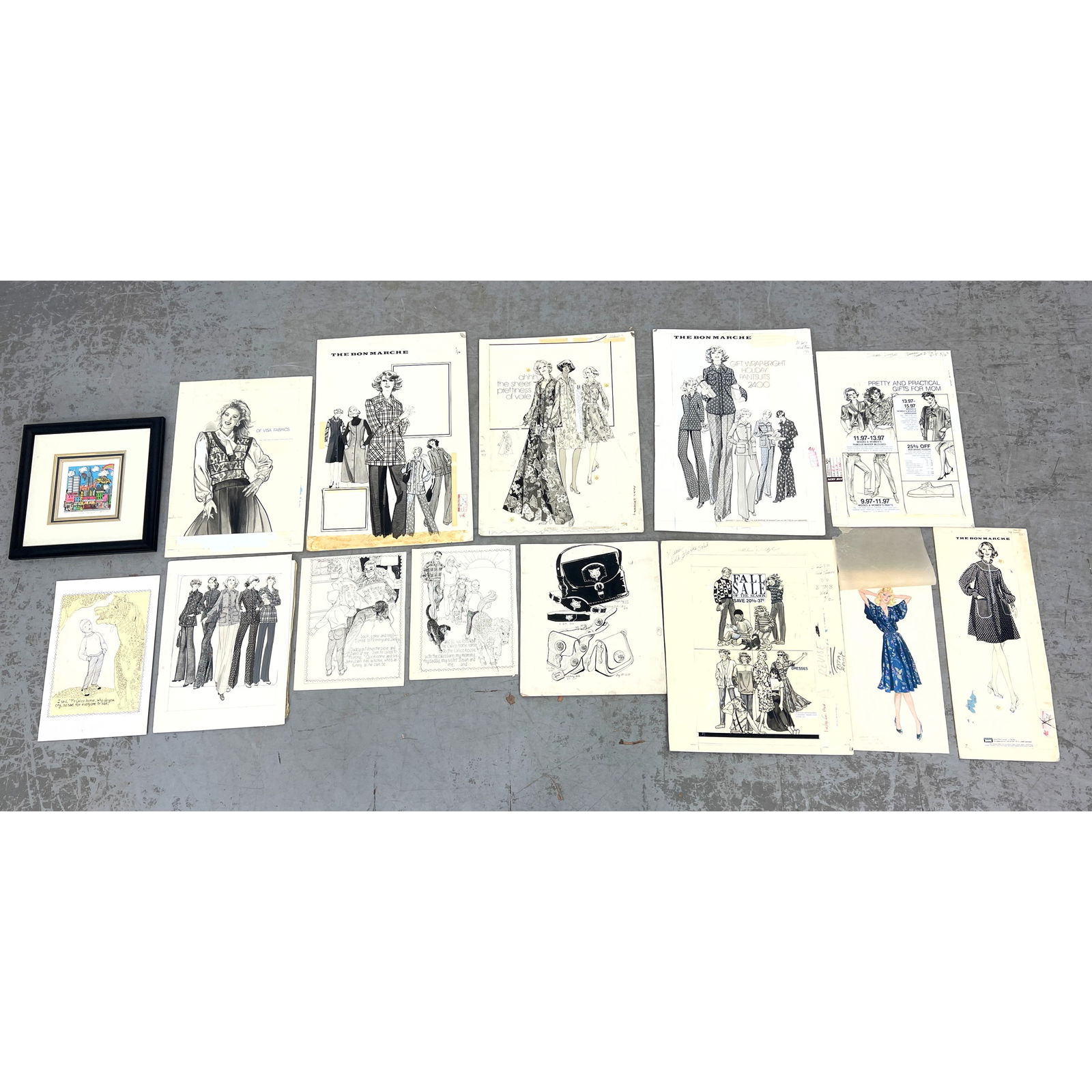 Series of hand drawn fashion designs for Bon Marche department store, along with several story illus: Series of hand drawn fashion designs for Bon Marche department store, along with several story illustrations by , a Massachusetts artist and illustrator. Purchased from the artist's estate 