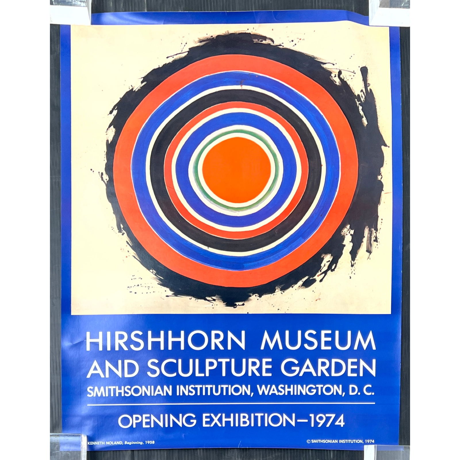 KEN NOLAND 1974 Opening Exhibition Poster. HIRSHHORN Museum and Sculpture Garden, Smithsonian Instit: KEN NOLAND 1974 Opening Exhibition Poster. HIRSHHORN Museum and Sculpture Garden, Smithsonian Institution, Washington, DC . "Beginning" 1958 by Kenneth Noland. Unframed. Dimensions: Height: 32