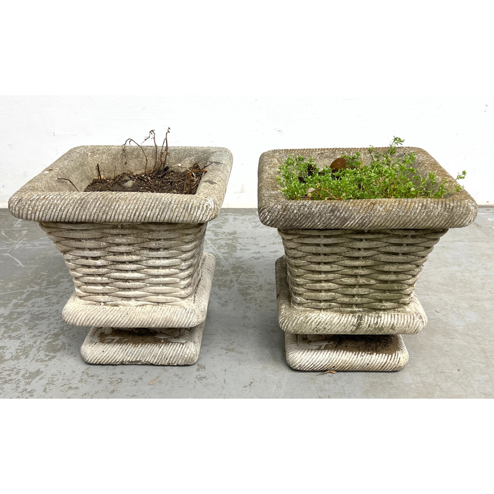 Pr Square Woven Design Outdoor Concrete Planters. Footed Forms. Garden. Patio.: Pr Square Woven Design Outdoor Concrete Planters. Footed Forms. Garden. Patio. Dimensions: Height: 12 inches, Width: 11.5 inches, Depth: 11.5 inches. ---