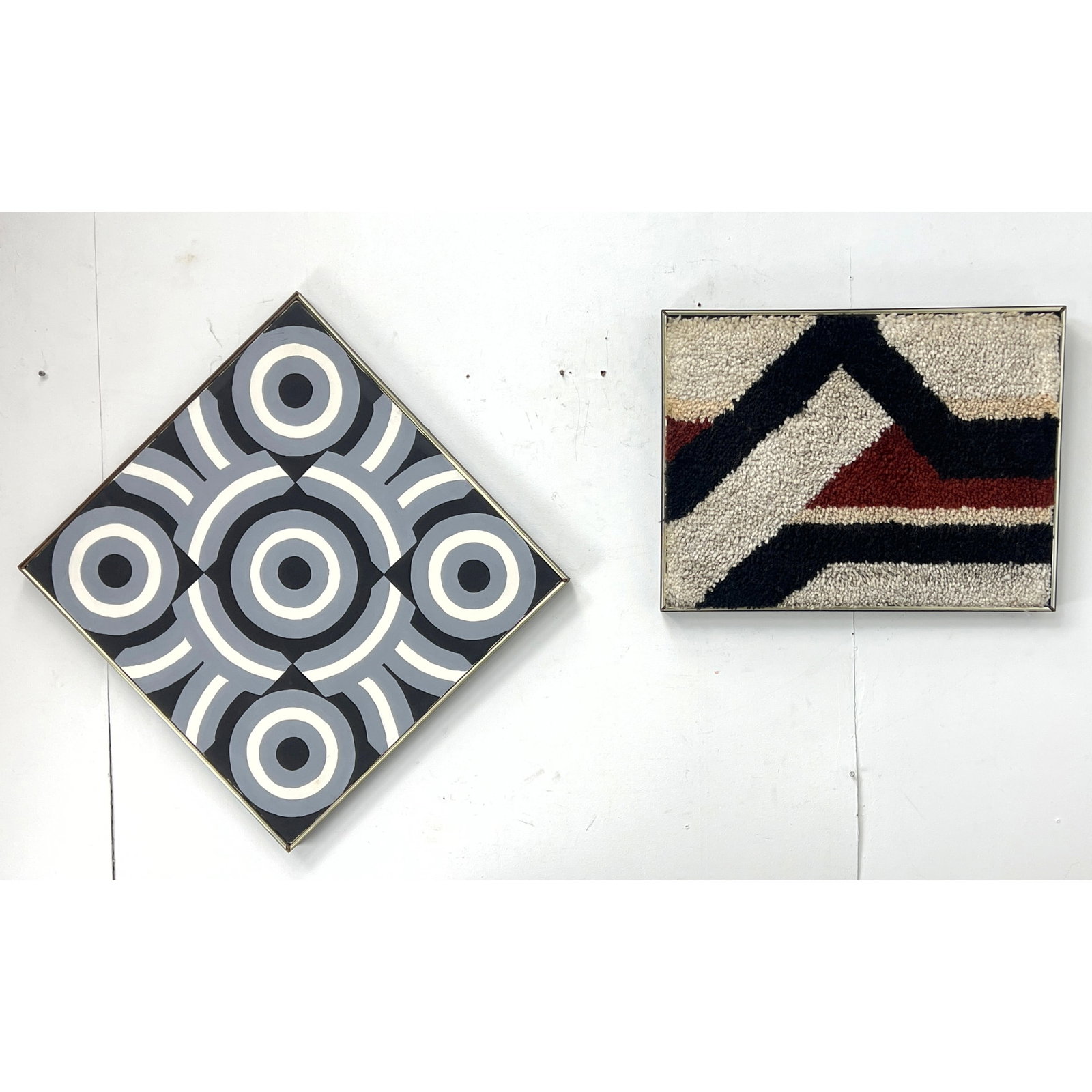 WENTHY JEAN WOOD Graphic Modernist Abstract Painting. Signed. Framed. AND Needlepoint Shag Graphic A: WENTHY JEAN WOOD Graphic Modernist Abstract Painting. Signed. Framed. AND Needlepoint Shag Graphic Art. Framed. Dimensions: Height: 25 inches, Width: 25 inches. ---
