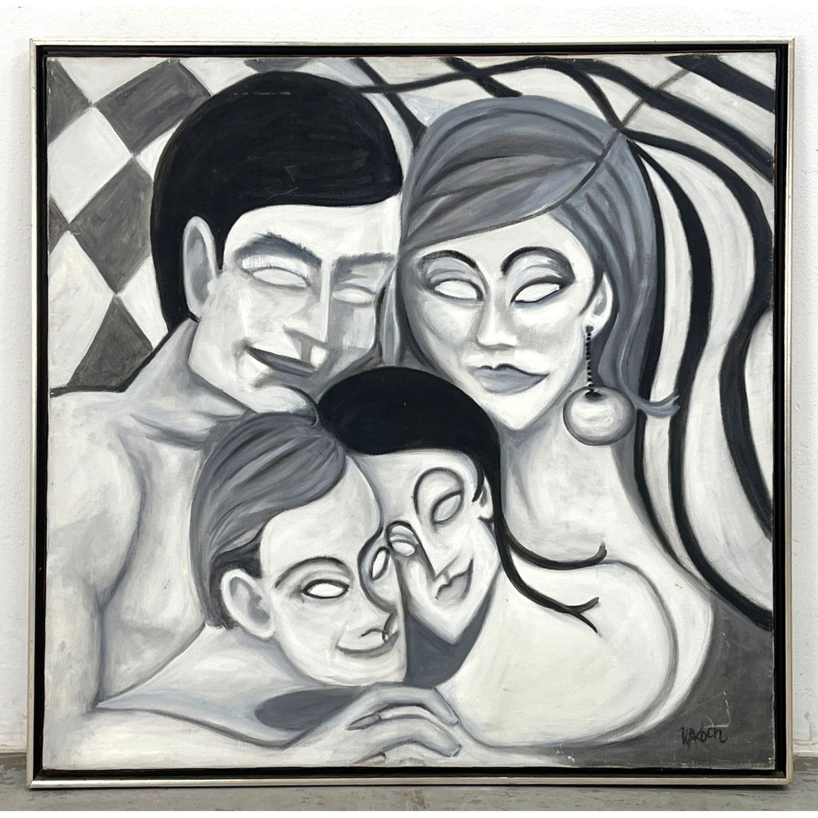 W A KOCH Groovy Creepy Family Portrait Painting. Monochromatic Palette with Op Art Background. Artis: W A KOCH Groovy Creepy Family Portrait Painting. Monochromatic Palette with Op Art Background. Artist signed Dimensions: Height: 32 inches, Width: 32 inches. ---