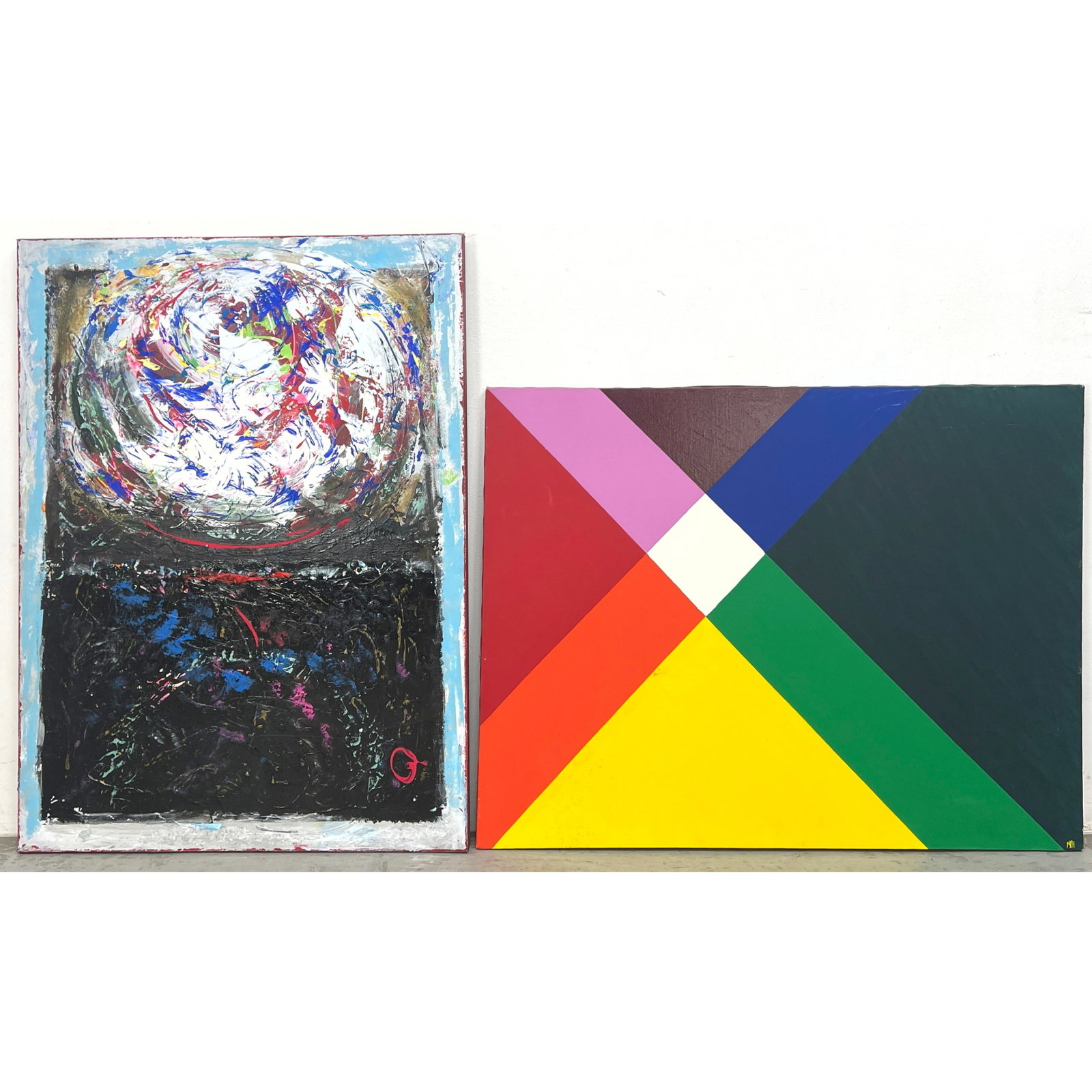 Two Vintage Modernist Paintings, one Abstract Color Geometric Patterns, 1970 and one later Splatter: Two Vintage Modernist Paintings, one Abstract Color Geometric Patterns, 1970 and one later Splatter Paint, 1990's-2000's Dimensions: Height: 40 inches, Width: 30 inches. ---