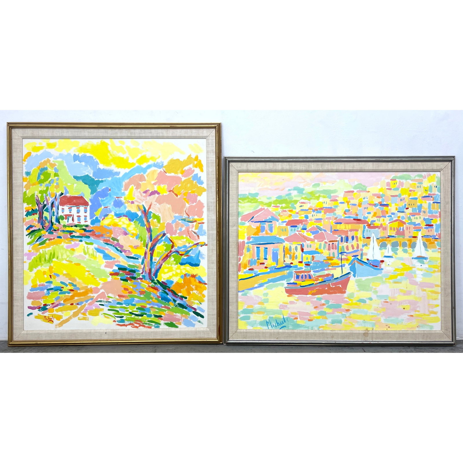 2pcs Michaels Fauvist style Paintings on Canvas.: 2pcs Michaels Fauvist style Paintings on Canvas. Dimensions: Frame Height: 41.5 inches, Frame Width: 41 inches. - Image Size: Image Height: 35.5 inches, Image Width: 35.5 inches. - Additional
