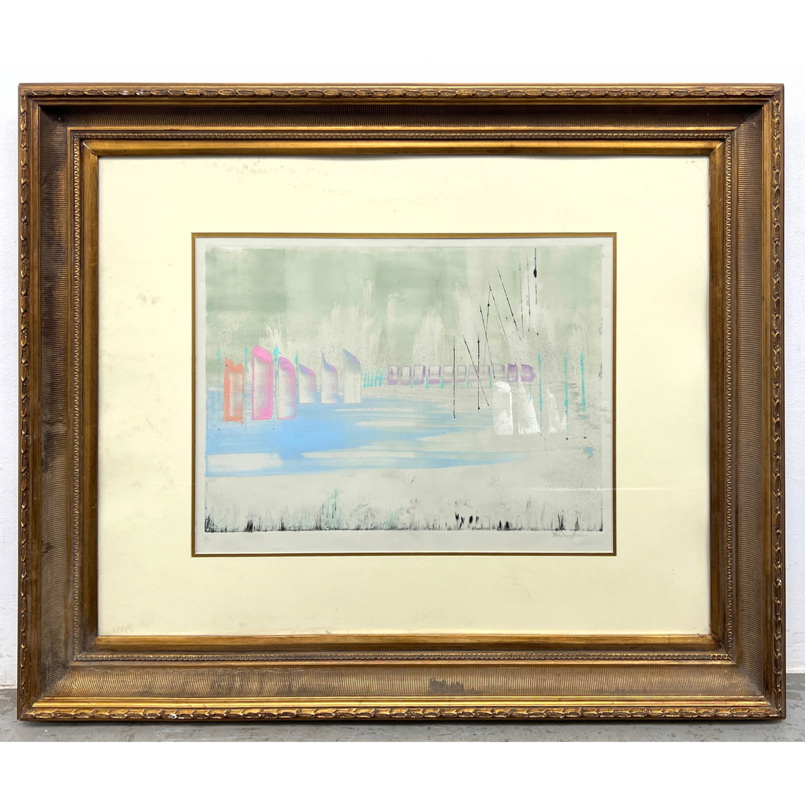 Signed and Numbered Lithograph Print. 7/7. Harbor scene.: Signed and Numbered Lithograph Print. 7/7. Harbor scene. Dimensions: Frame Height: 38 inches, Frame Width: 48 inches. - Image Size: Image Height: 25 inches, Image Width: 26.5 inches. ---
