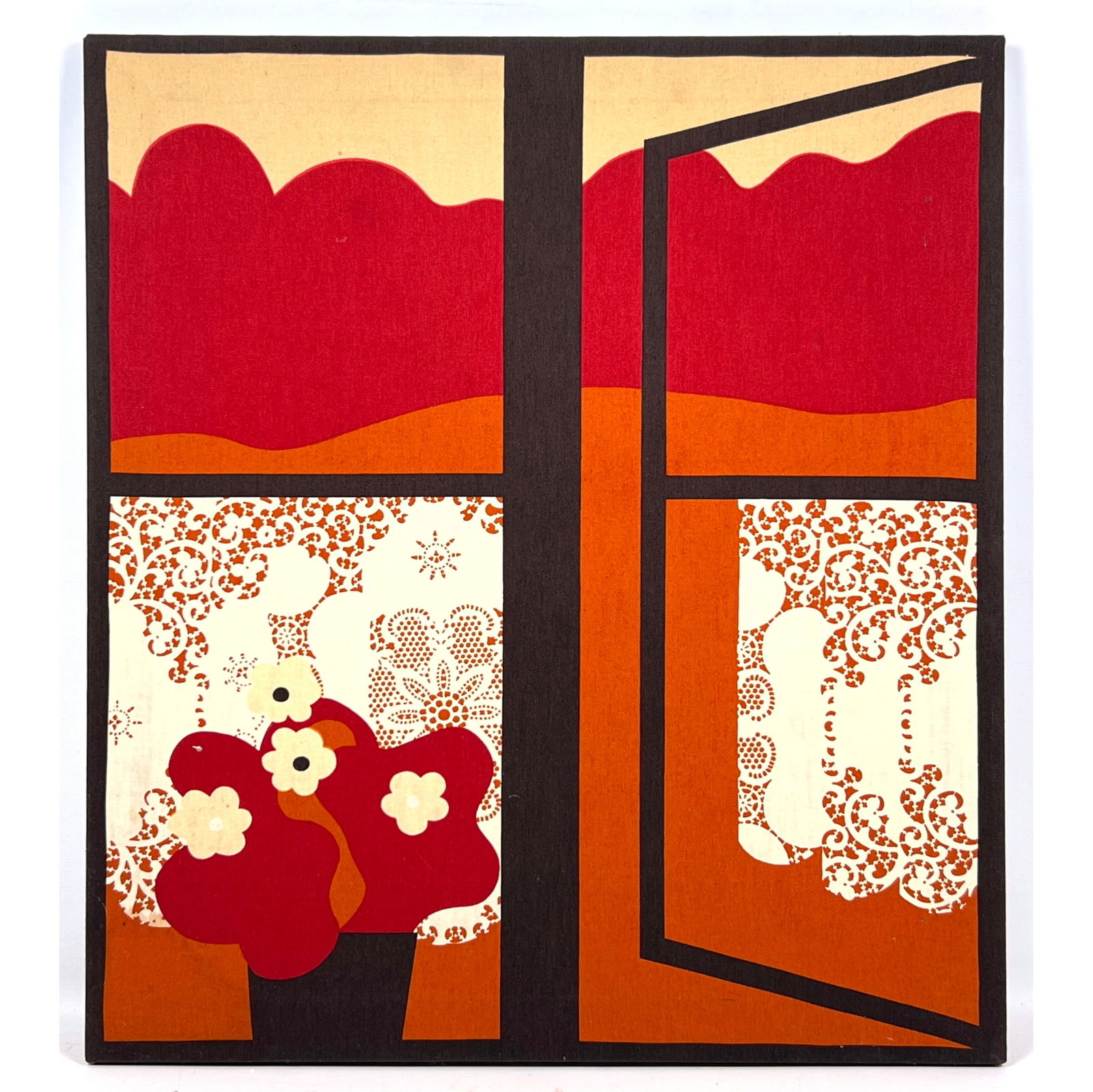 Vintage Finnish Modern screen-printed textile panel titled Ikkuna, produced by Tampella Made in Finl: Vintage Finnish Modern screen-printed textile panel titled Ikkuna, produced by Tampella Made in Finland Dimensions: Height: 23.25 inches, Width: 26 inches. ---