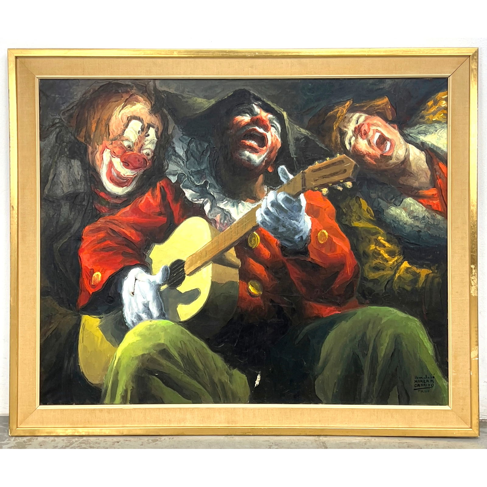 Juan Jose Morera Garrido Painting on Canvas. Three clowns in vibrant costumes.: Juan Jose Morera Garrido Painting on Canvas. Three clowns in vibrant costumes. Dimensions: Frame Height: 34.25 inches, Frame Width: 41.5 inches. - Image Size: Image Height: 29 inches, Image