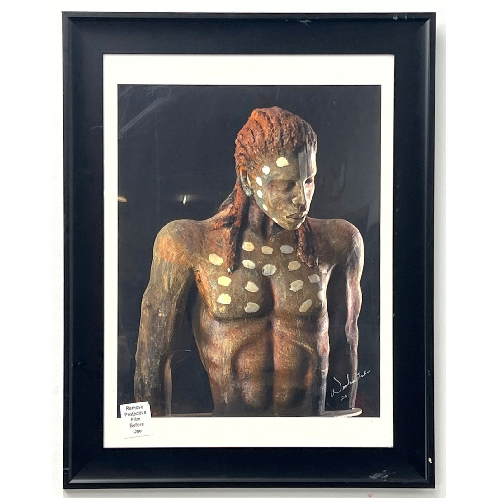 Woodrow Nash digital print of carved male torso. Framed.: Woodrow Nash Artist Signed digital print of carved male torso. Framed. Dimensions: Frame Height: 22.5 inches, Frame Width: 28.25 inches. - Image Size: Image Height: 20 inches, Image Width: 16