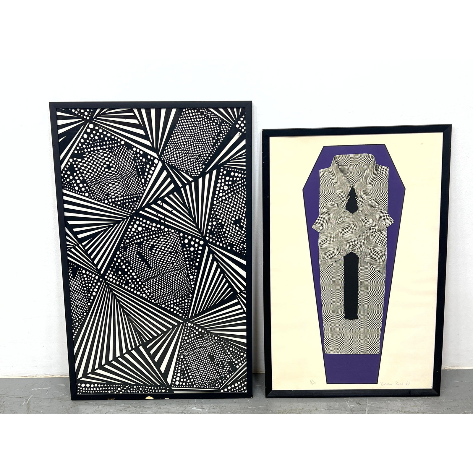 2pc OP ART. 1). BRIAN RICE "The Death of Op Art " Men's Shirt and Tie Print. (1967) Signed. 42/200.: 2pc OP ART. 1). BRIAN RICE "The Death of Op Art " Men's Shirt and Tie Print. (1967) Signed. 42/200. 2). Black and white Op Art print, LWL monogram. Dimensions: Height: 37.75 inches, Width: 24.5
