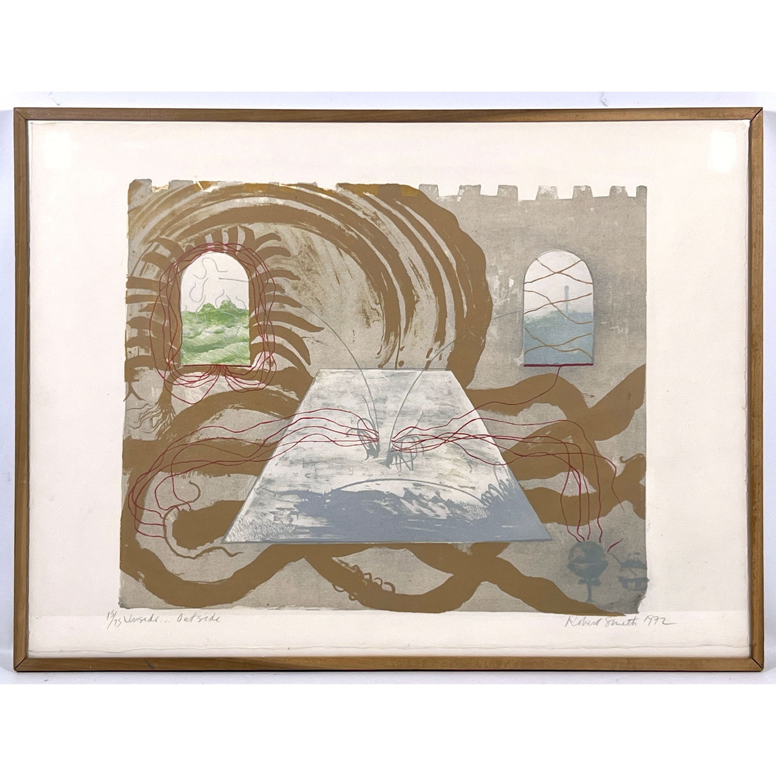 1972 Robert Smith Signed and Numbered Etching Print. 15/75. Inside outside.: 1972 Robert Smith Signed and Numbered Etching Print. 15/75. Inside outside. Dimensions: Height: 23.25 inches, Width: 31.75 inches. ---