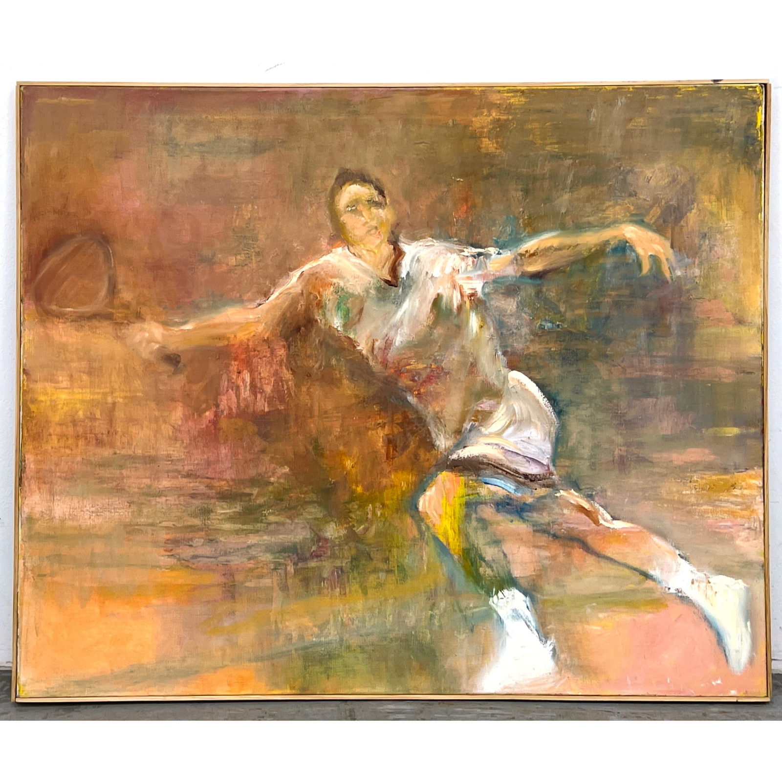 NORMAN RUBINGTON Male Tennis Player Impressionist Oil Painting. Player stretching to reach ball. Un: NORMAN RUBINGTON Male Tennis Player Impressionist Oil Painting. Player stretching to reach ball. Unsigned Dimensions: Height: 32.5 inches, Width: 39.5 inches. ---