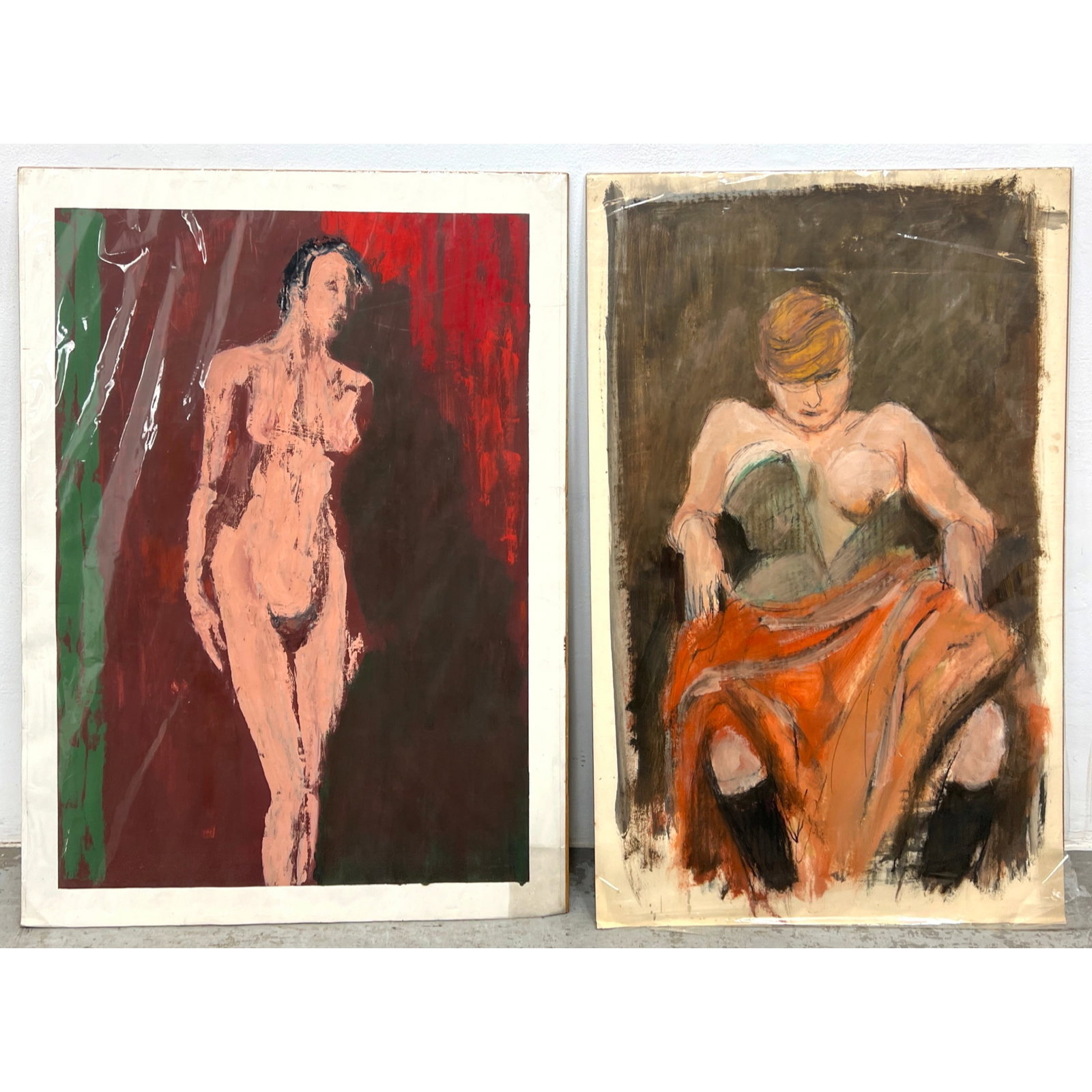 2pc NORMAN RUBINGTON Modernist Figurative Paintings. Nude Studies on Paper. 1) Standing Female Nude.: 2pc NORMAN RUBINGTON Modernist Figurative Paintings. Nude Studies on Paper. 1) Standing Female Nude. 2). Solitary Nude on Paper. No signatures. Dimensions: Height: 40 inches, Width: 30 inches. ---