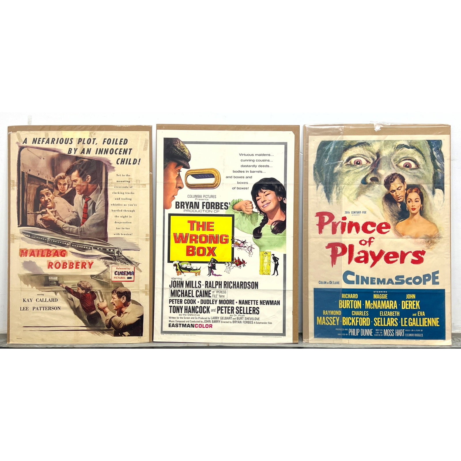 3pcs Vintage Movie Posters. Mailbag Robbery, The Wrong Box, Prince of Players.: 3pcs Vintage Movie Posters. Mailbag Robbery, The Wrong Box, Prince of Players. Dimensions: Height: 42.5 inches, Width: 28 inches. ---
