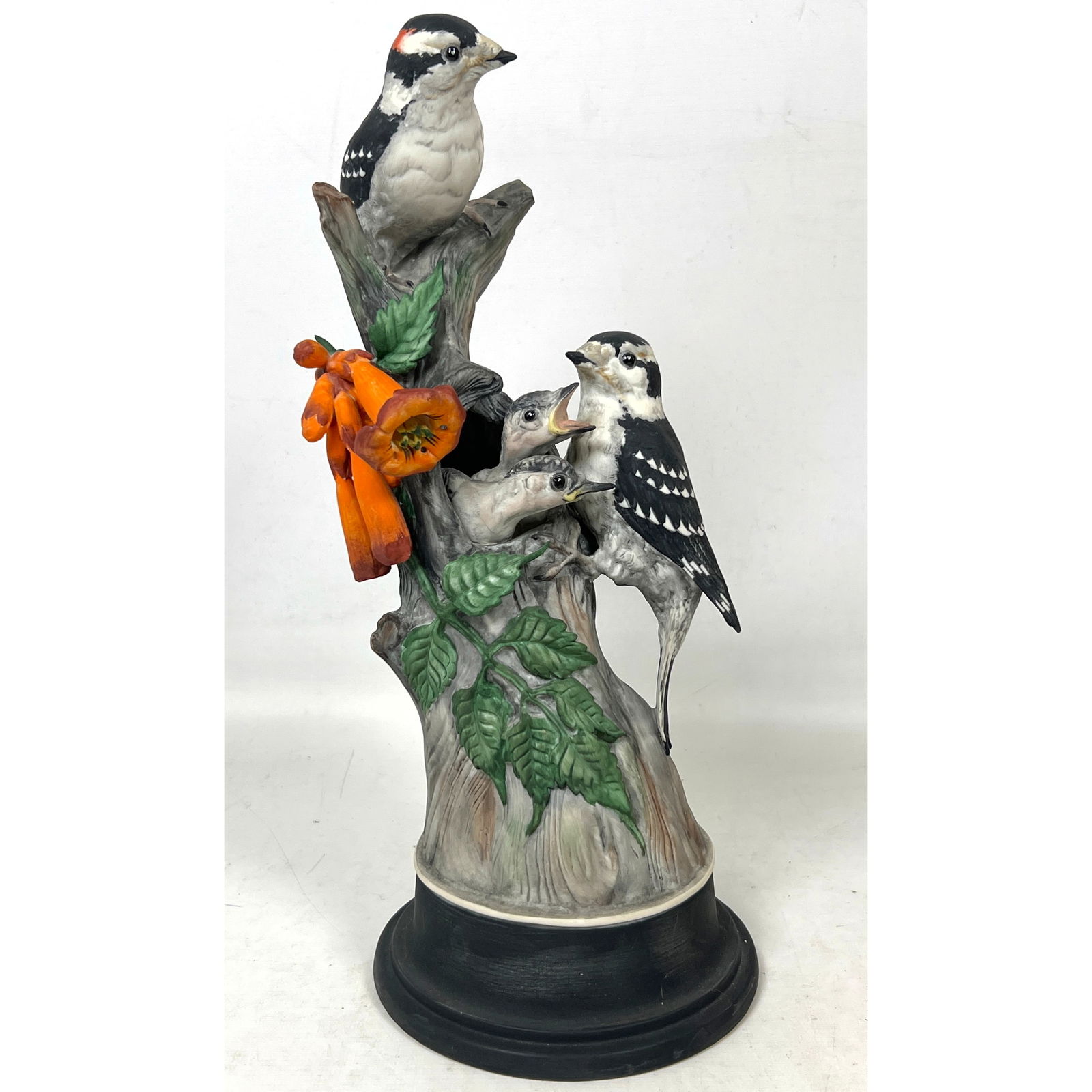 BOEHM Porcelain "Downy Woodpecker" Sculpture Figurine. 2 Birds with 2 Babies. Original Box. Marked.: BOEHM Porcelain "Downy Woodpecker" Sculpture Figurine. 2 Birds with 2 Babies. Original Box. Marked. Dimensions: Height: 13.5 inches, Width: 6.5 inches, Depth: 7 inches. ---