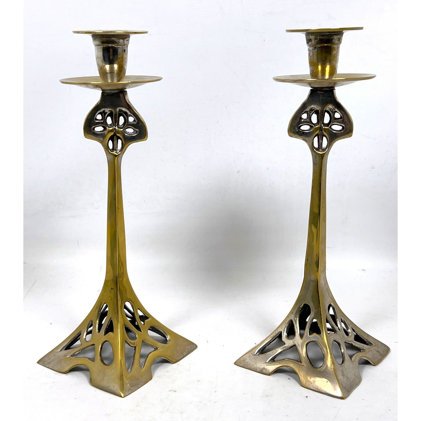 Pr Vintage Art Nouveau style Candle Sticks. Brass Tone Metal shows surface wear. Cast metal form; no (1 of 10)