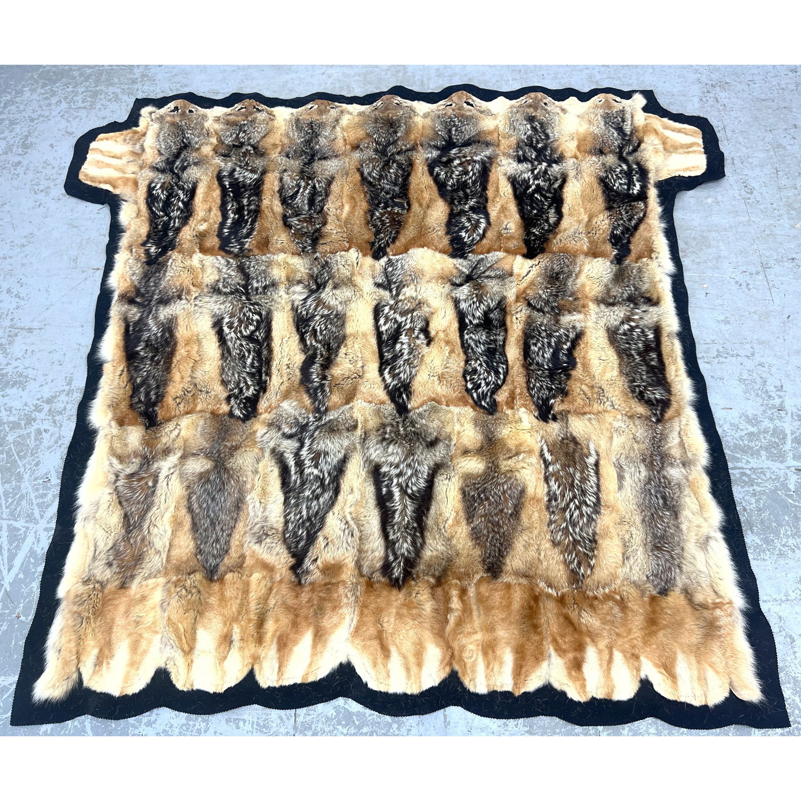 Real Animal Fur Pelt Blanket Coverlet. Black Felt Back. Rustic Woodland Cabin Vibe.: Real Animal Fur Pelt Blanket Coverlet. Black Felt Back. Rustic Woodland Cabin Vibe. Dimensions: Height: 77 inches, Width: 70 inches. ---