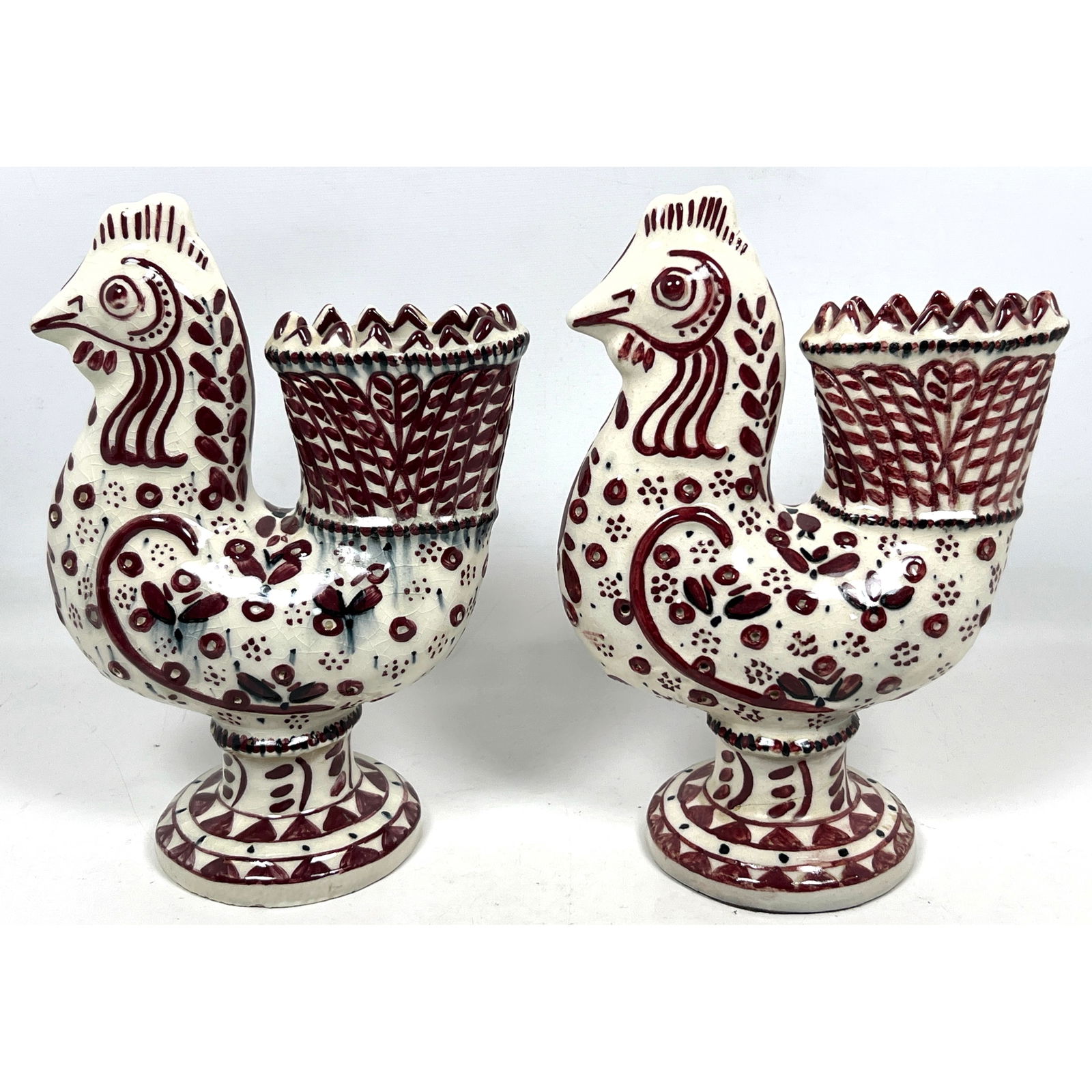 2pc CARL WALTERS for STONELAIN Ceramic Rooster Vases. Hand Decorated Rooster Form Vessels. Marked. (1 of 12)
