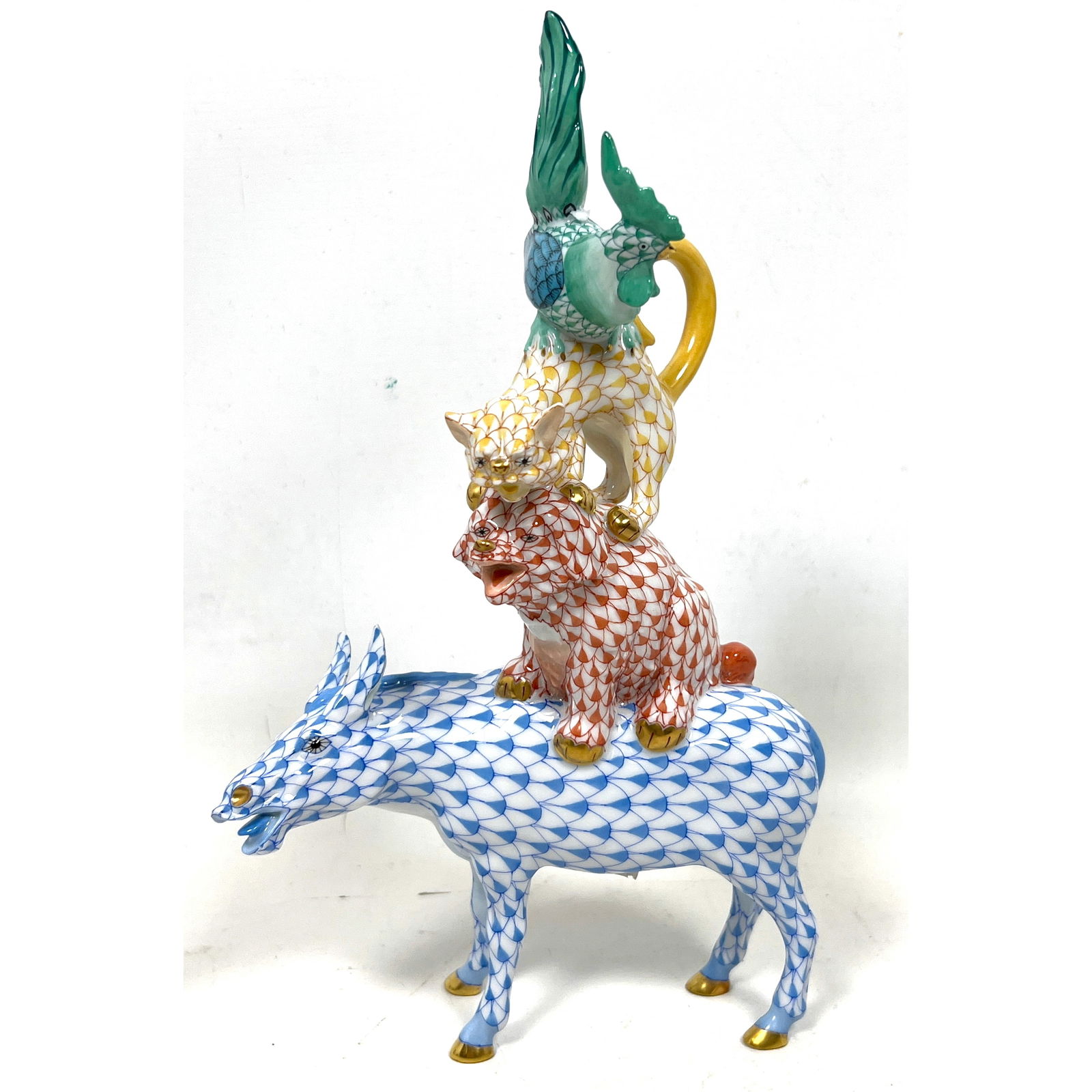 HEREND Hungary Porcelain Sculpture. The Musicians of Bremen. Donkey, Dog, Cat and Rooster in Fishnet (1 of 12)