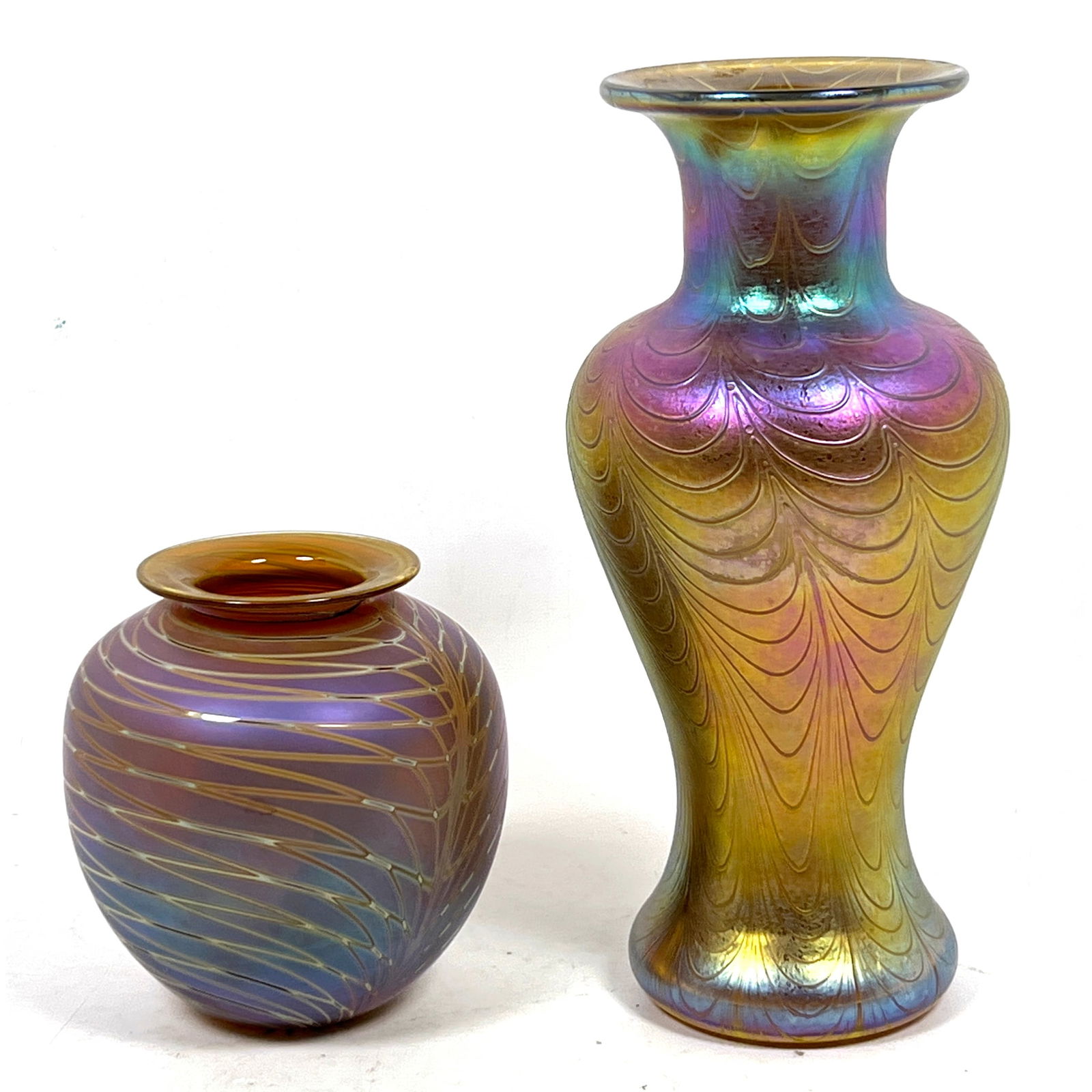 2pc American Studio Iridescent Art Glass Vases. 1) CRAIG ZWEIFEL Wide Lip Vase has "Fishnet" Design. (1 of 15)