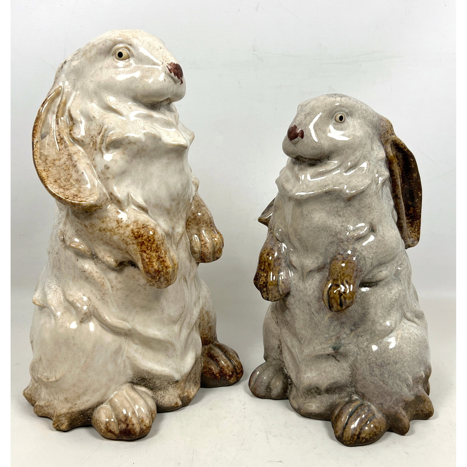 2pc Glazed Pottery Lop eared Rabbit Figures. One marked 4636. (1 of 14)