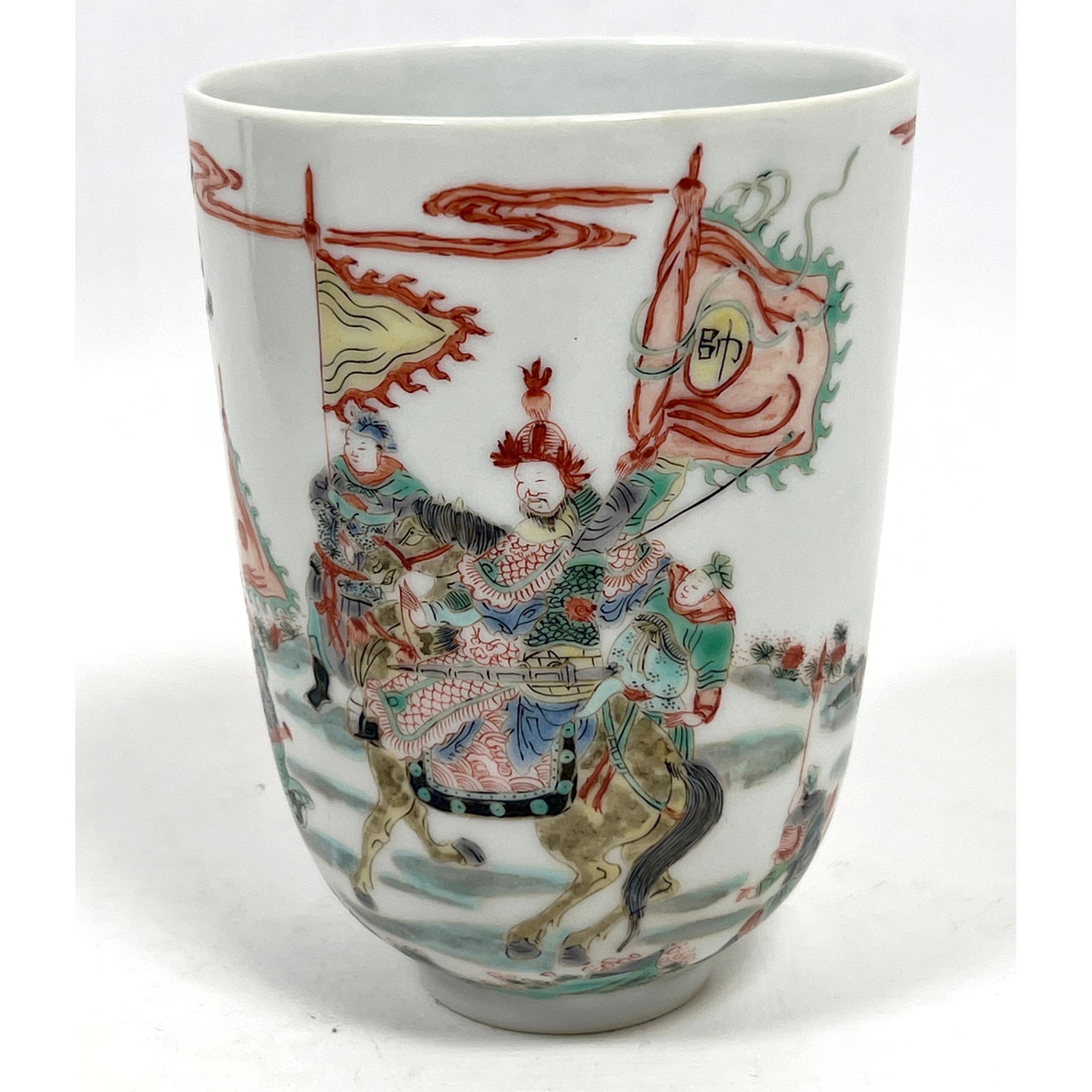 Chinese famille verte porcelain brush pot of cylindrical form with a slightly recessed base. Narrati (1 of 8)