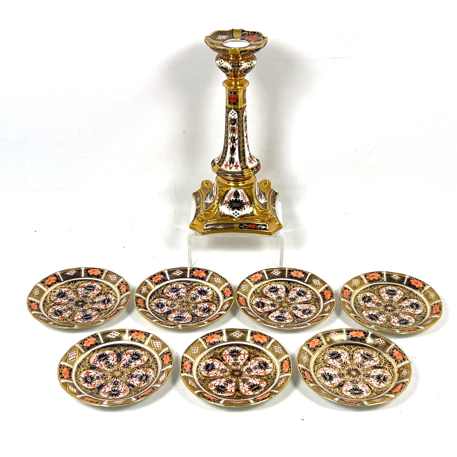 8pcs Royal Crown Derby porcelain in the Old Imari pattern. Candlestick and small dishes. (1 of 12)