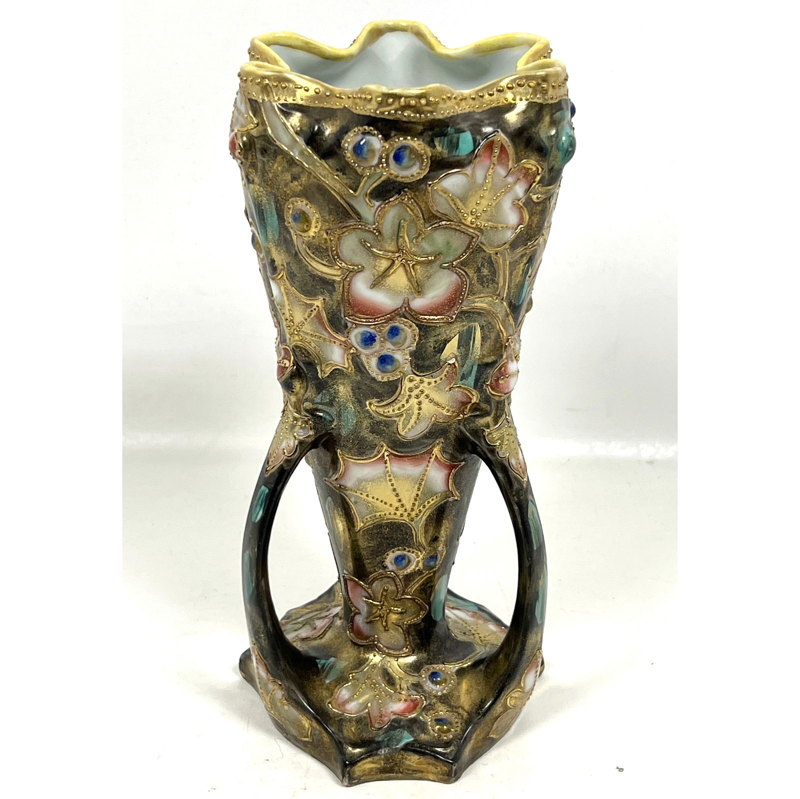 Hand Painted NIPPON Moriage Porcelain Vase. Leaf and Berry Design. Conical form with Low Handles on (1 of 11)