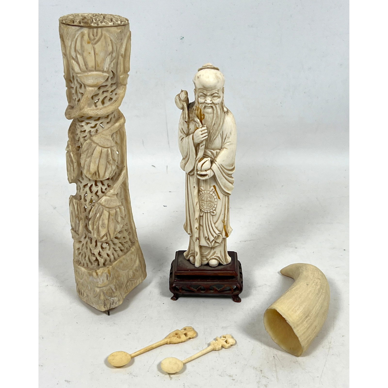 6pcs Asian Carvings. Bone etc.: 6pcs Asian Carvings. Bone etc. Dimensions: Height: 8 inches, Width: 2 inches, Depth: 1.5 inches. ---
