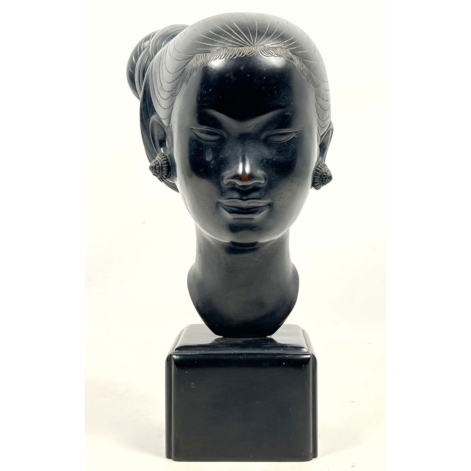 THANH LE NGUYEN Bronze Young Female Bust Sculpture. Southeast Asian woman with high bun and hair orn (1 of 9)