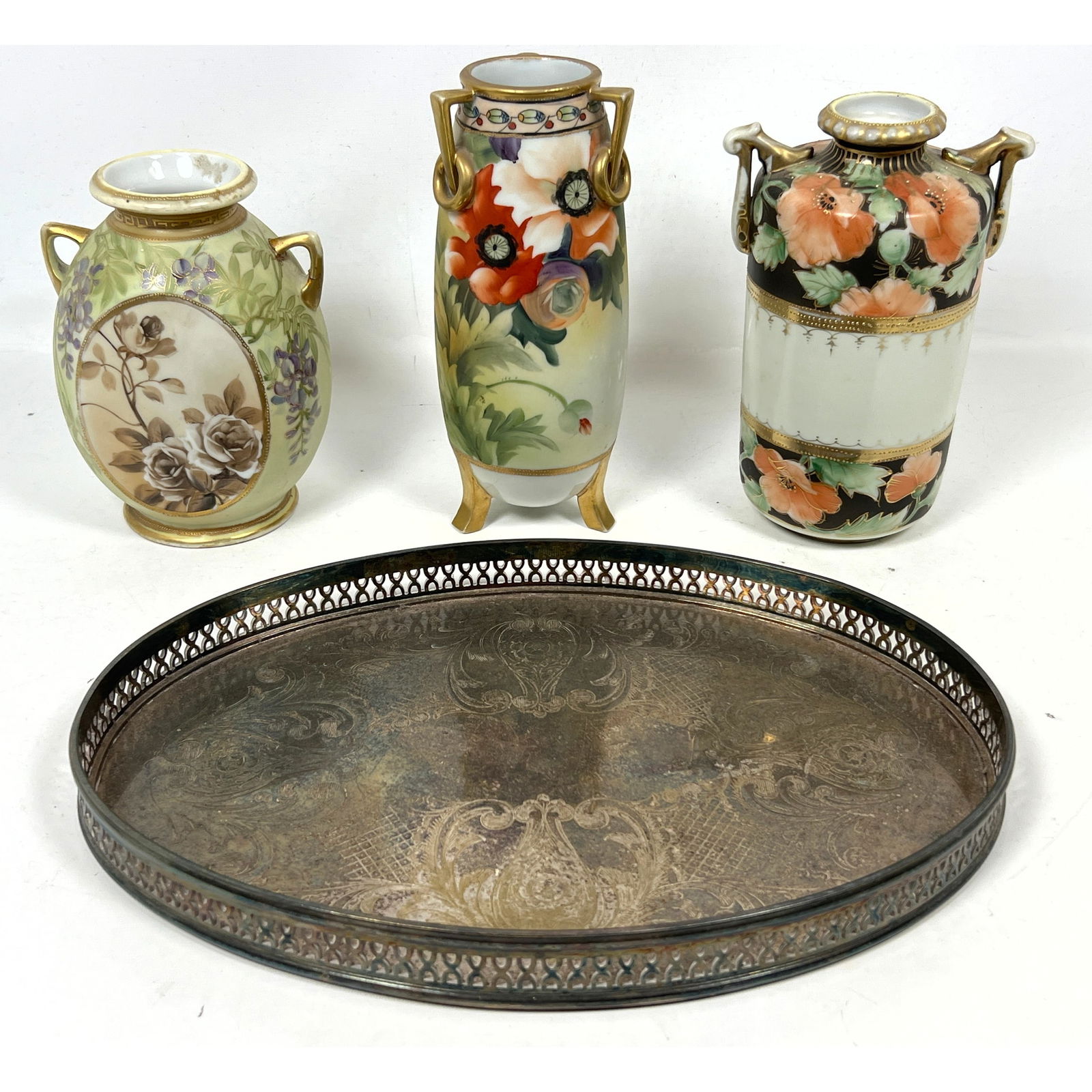 3pc NIPPON Japan Porcelain Vases. Handled Morimura vases have hand painted floral designs. English S (1 of 17)