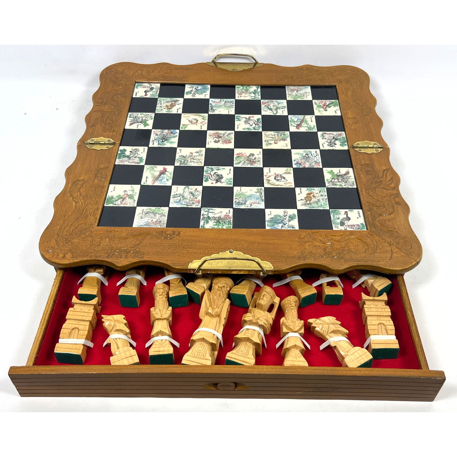 Vintage Boxed Asian Chess Set. Carved Wood Pieces Stored in Drawer. Folding Chess Top has alternatin (1 of 8)