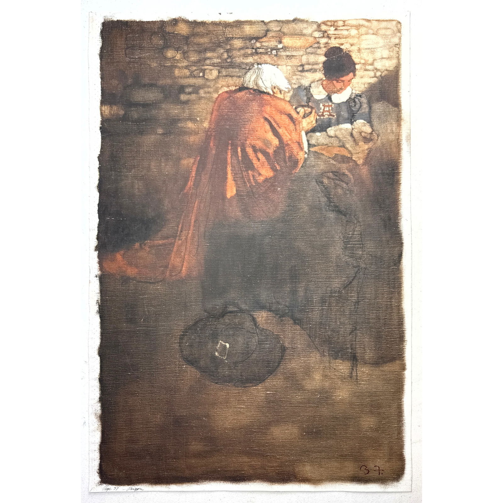 BERNARD Bernie FUCHS Original Painting on unstretched canvas. Couple in forest. Signed B F. For the: BERNARD Bernie FUCHS Original Painting on unstretched canvas. Couple in forest. Signed B F. For the book Scarlet Letter, Franklin Library, Illustrations by Bernie Fuchs. Acquired From the Franklin Min