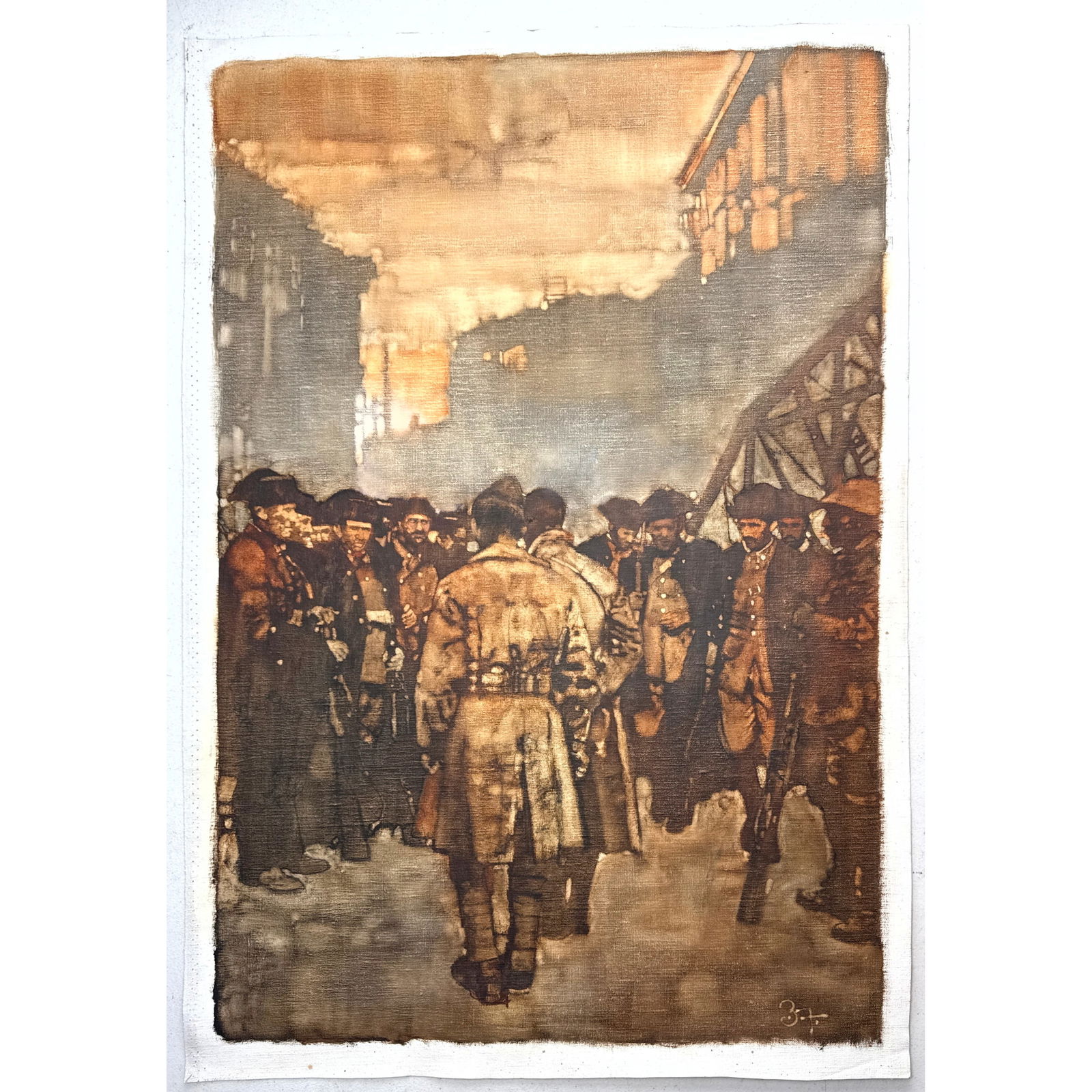 BERNARD Bernie FUCHS Original Painting on unstretched canvas. Dining. Signed B F. For the book Ernes: BERNARD Bernie FUCHS Original Painting on unstretched canvas. Dining. Signed B F. For the book Ernest Hemingway, Farewell to Arms, Franklin Library, Illustrations by Bernie Fuchs. Acquired From the Fr