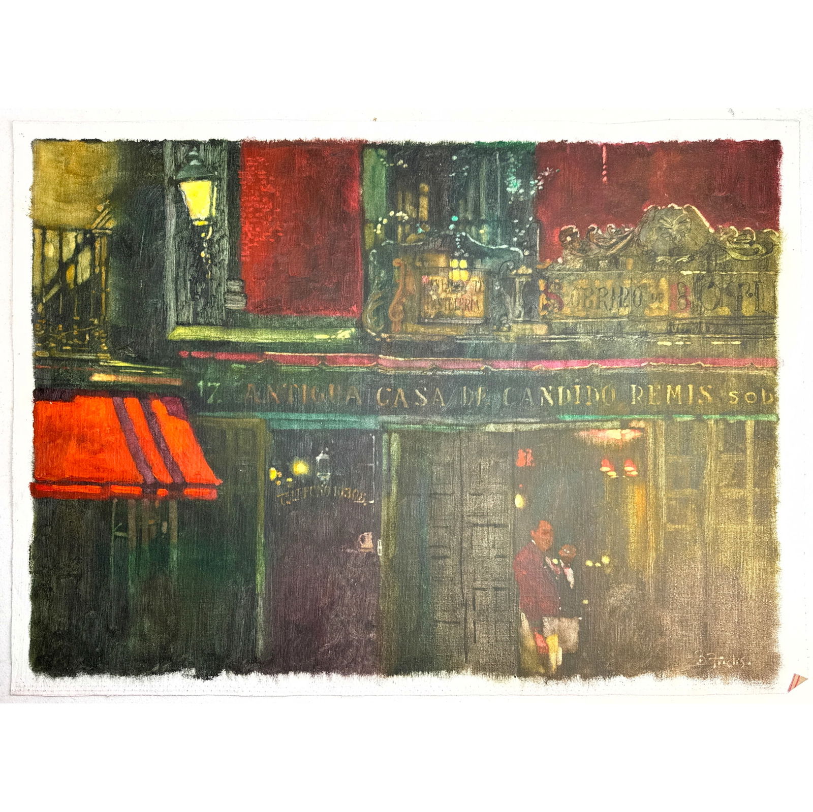BERNARD Bernie FUCHS Original Painting on unstretched canvas. Storefronts. Signed B Fuchs. For the b: BERNARD Bernie FUCHS Original Painting on unstretched canvas. Storefronts. Signed B Fuchs. For the book Ernest Hemingway, Franklin Library, Illustrations by Bernie Fuchs. Acquired From the Franklin Mi